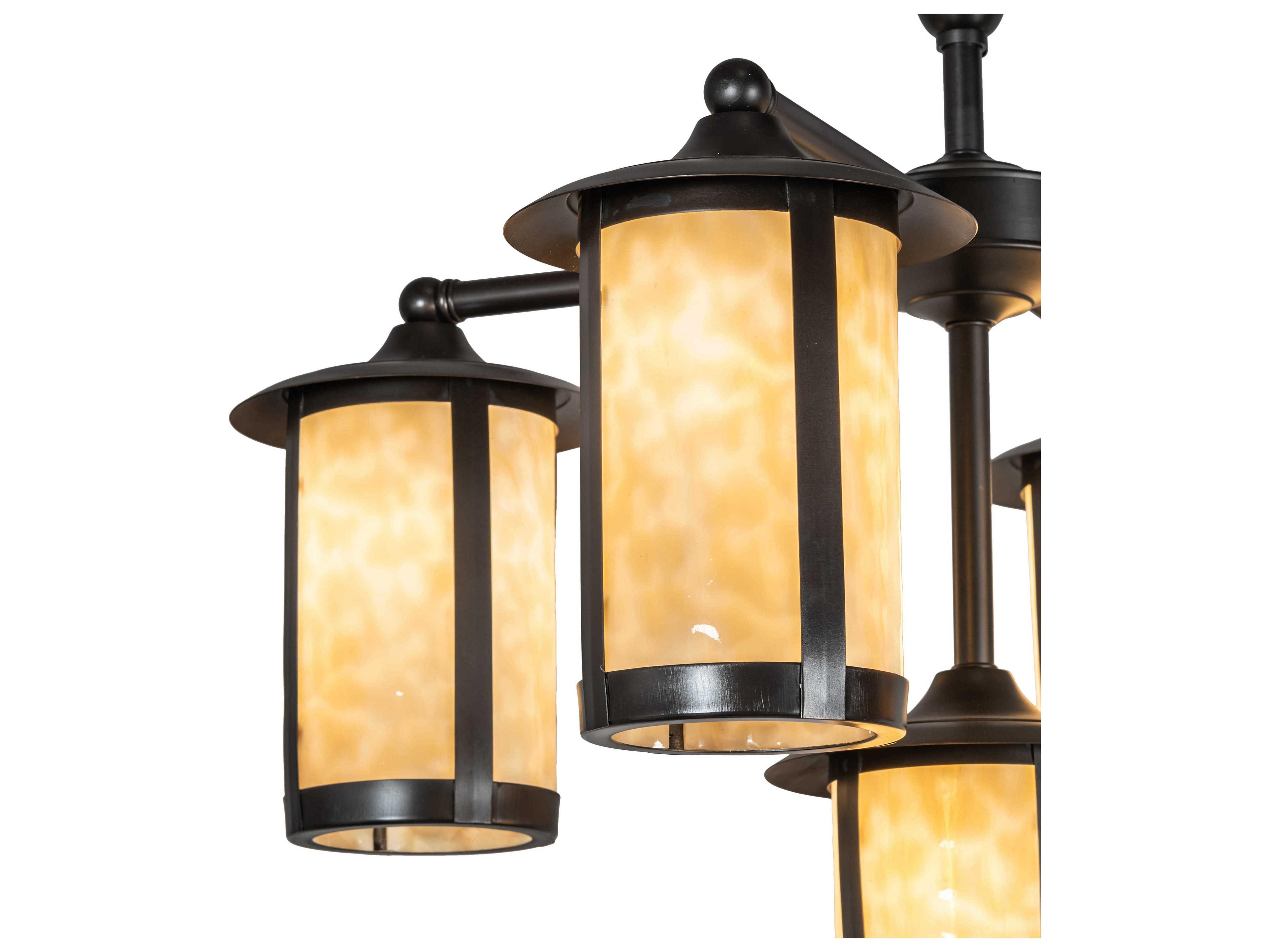Meyda Fulton 5-Light Craftsman Brown Off White Glass Cylinder Lantern Chandelier