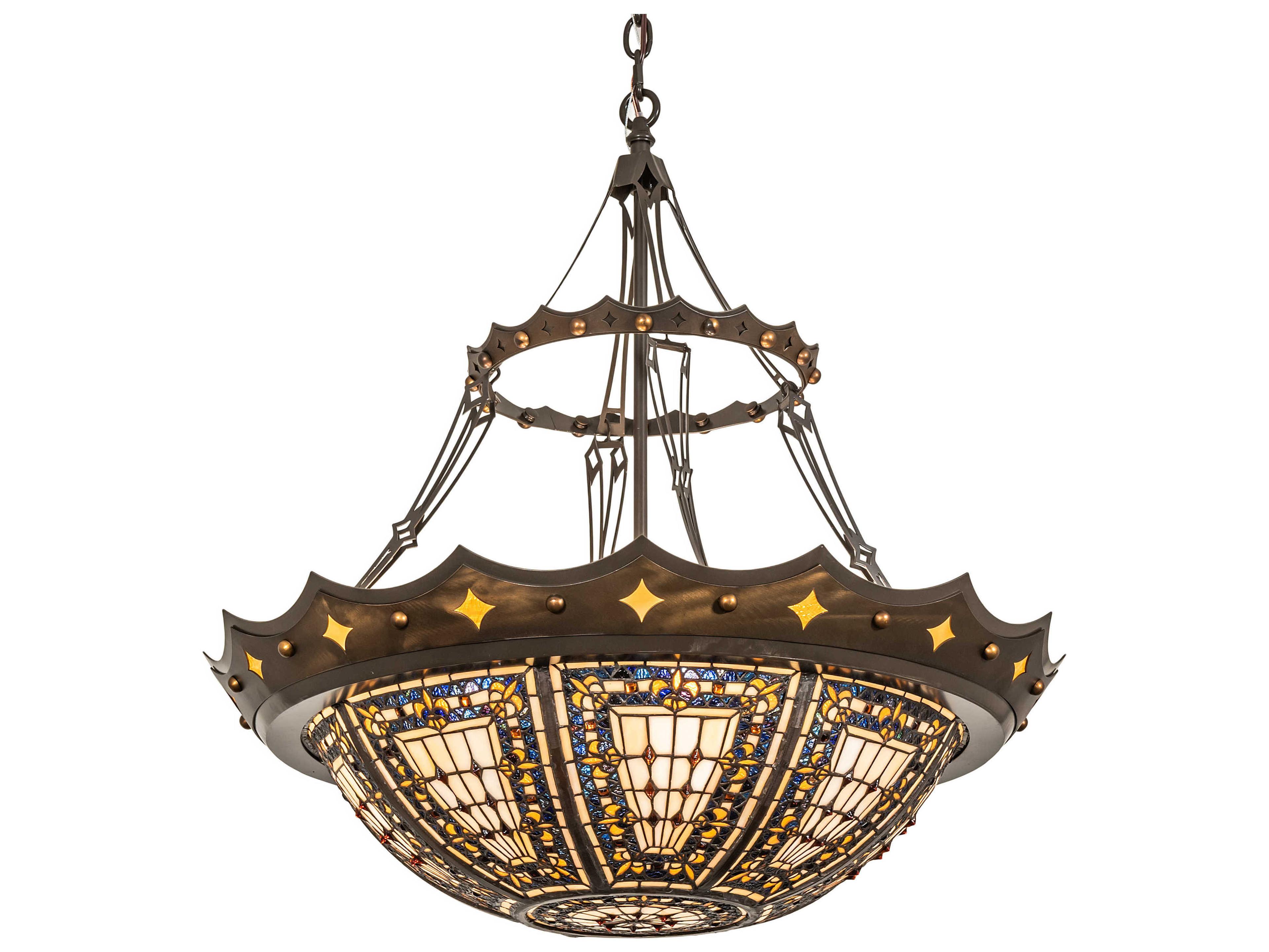 Meyda Fleur-de-lis 4-Light Antique Copper Timeless Bronze Blue Glass Tiffany Bowl Pendant