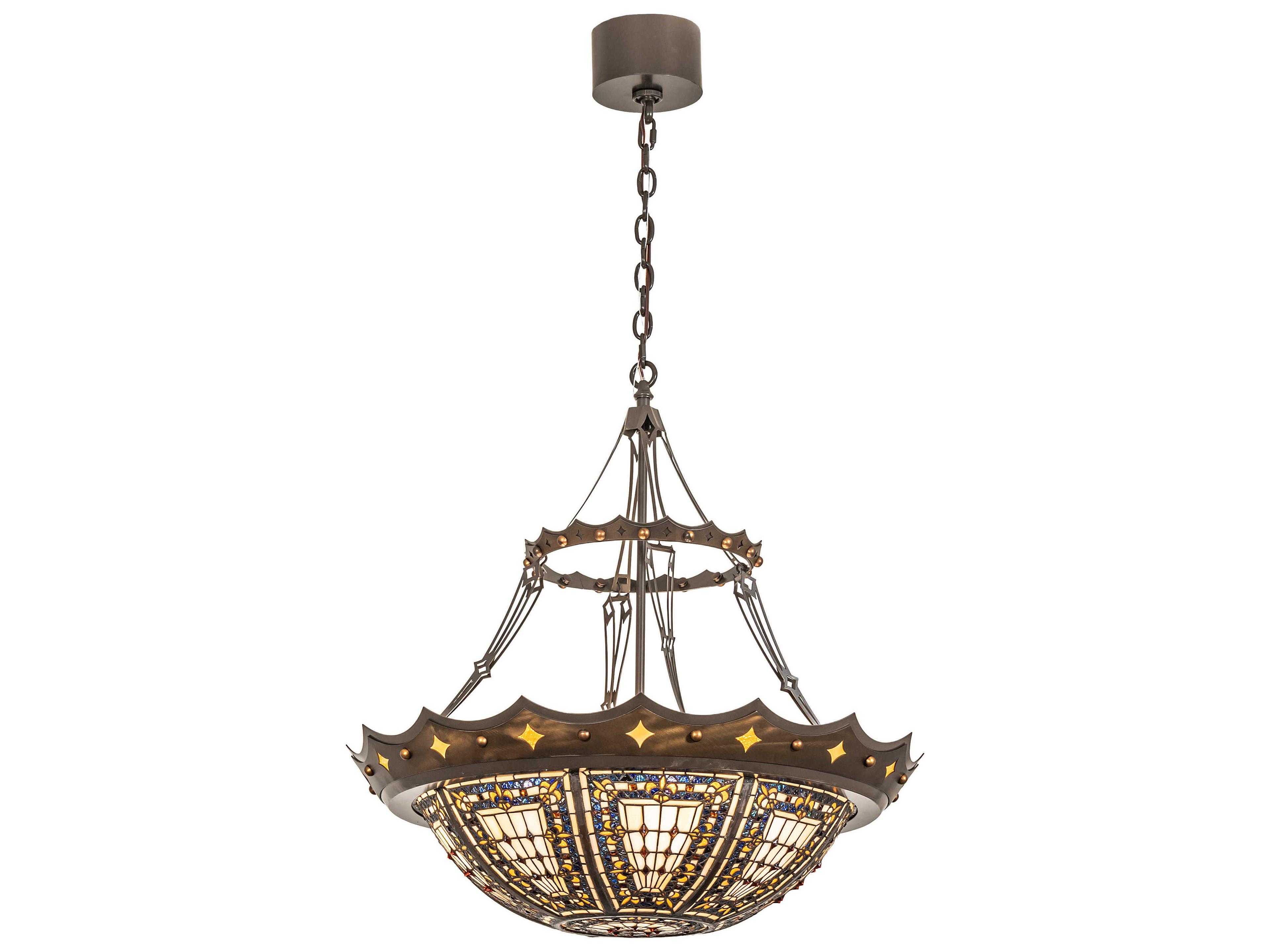 Meyda Fleur-de-lis 4-Light Antique Copper Timeless Bronze Blue Glass Tiffany Bowl Pendant