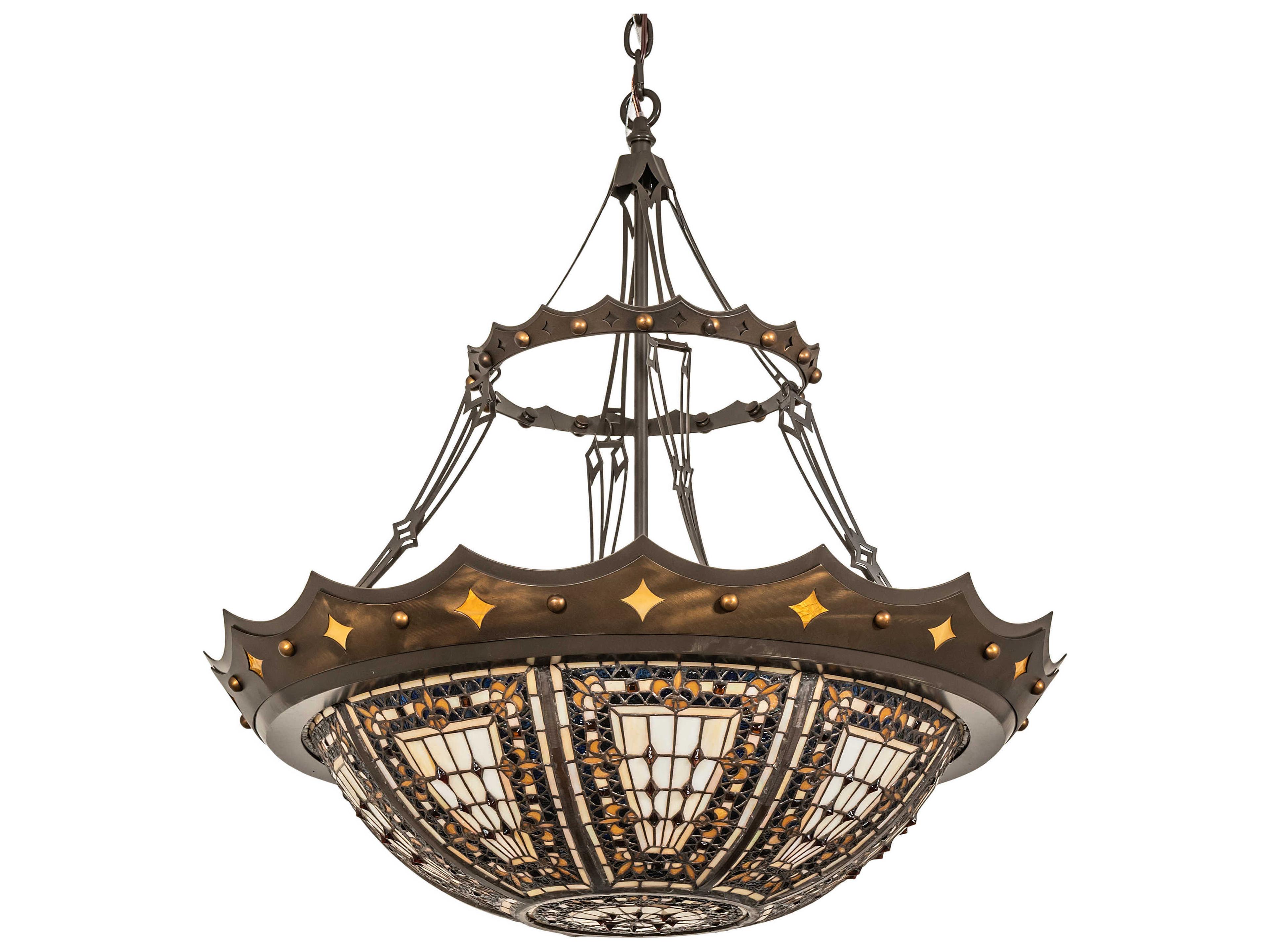 Meyda Fleur-de-lis 4-Light Antique Copper Timeless Bronze Blue Glass Tiffany Bowl Pendant