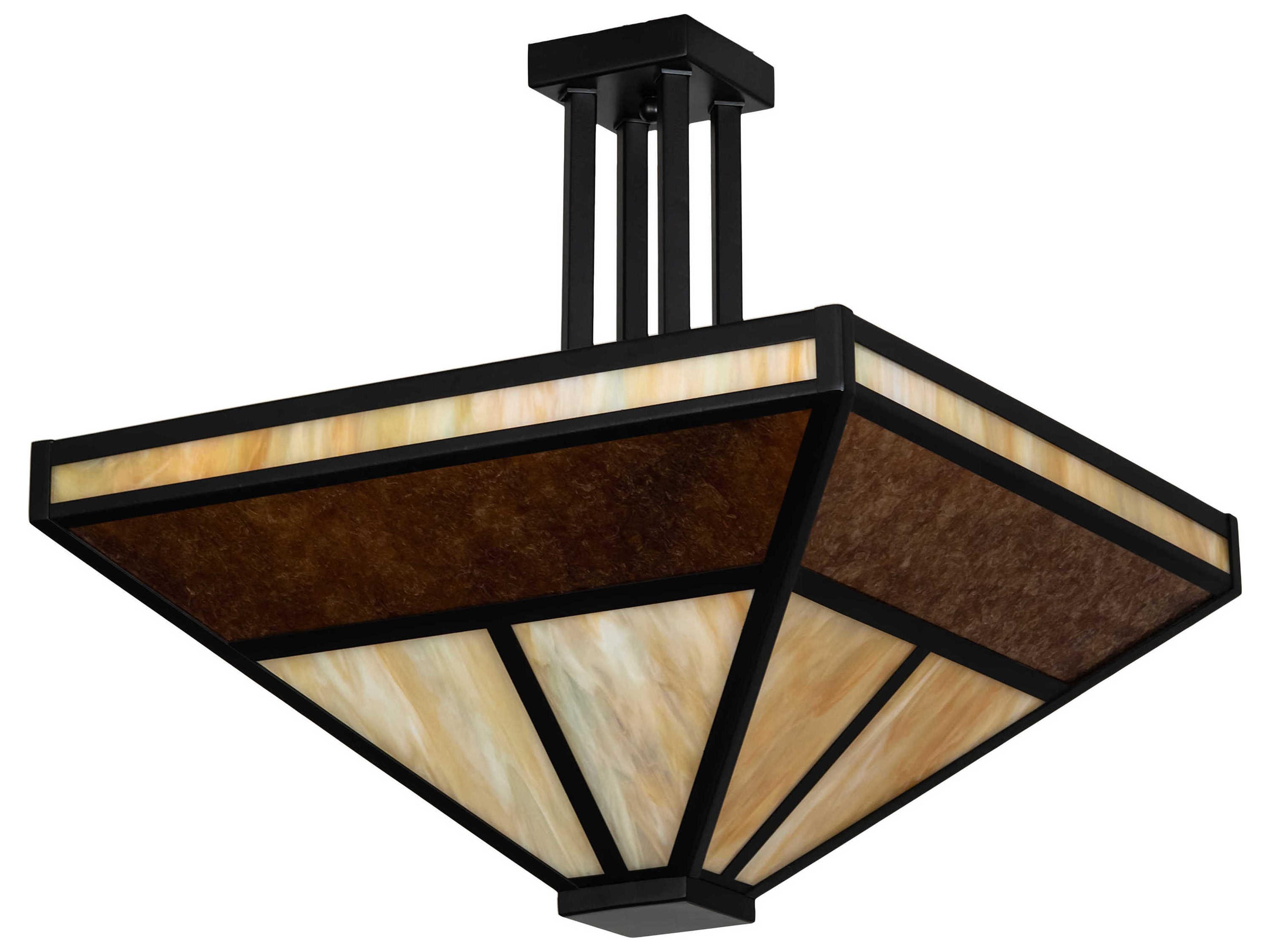 Meyda T-mission 8-Light Black Beige Amber Mica Brown Glass Semi Flush Mount