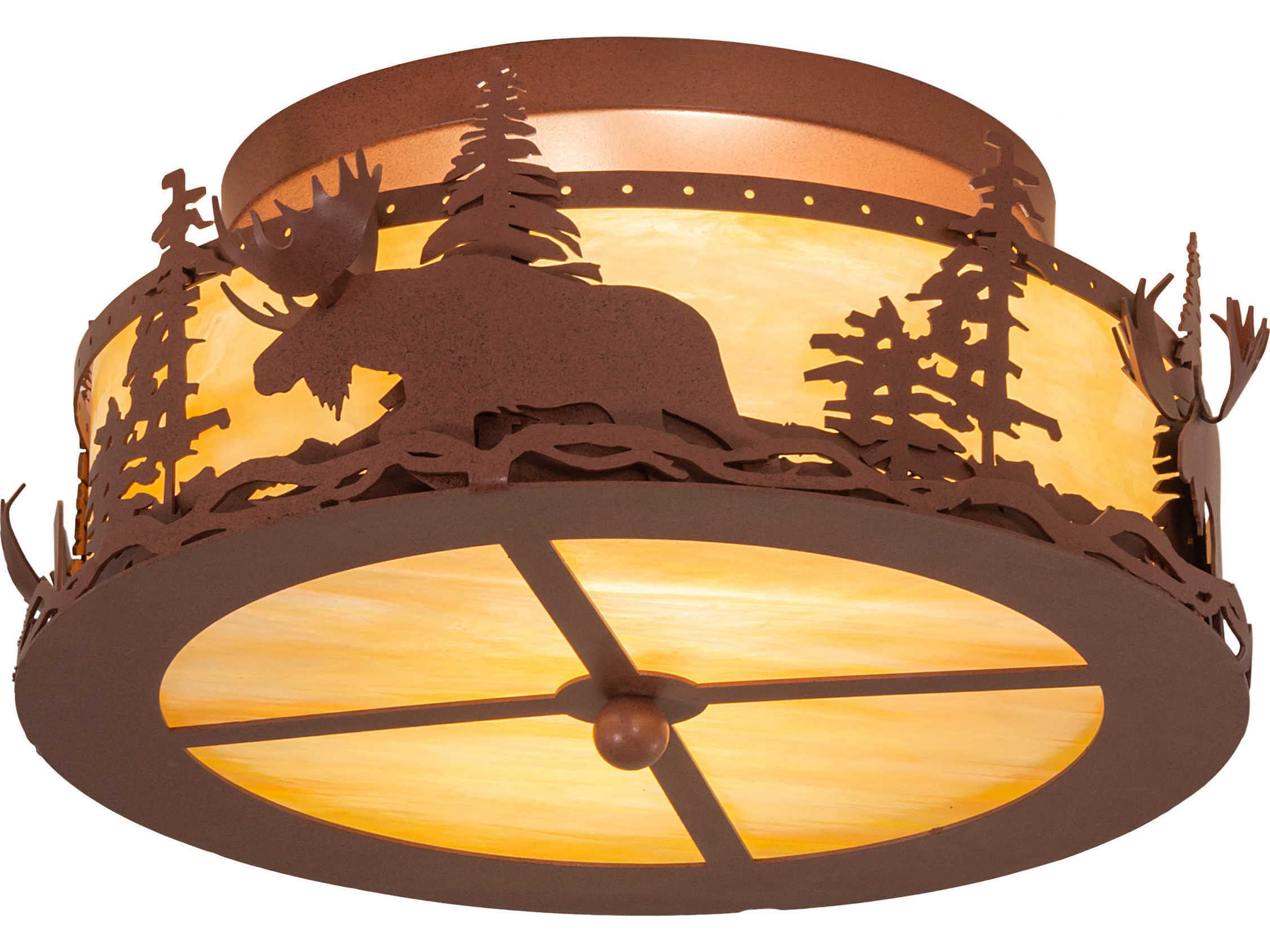 Meyda Moose At Dusk 2-Light Rust Brown Glass Drum Flush Mount