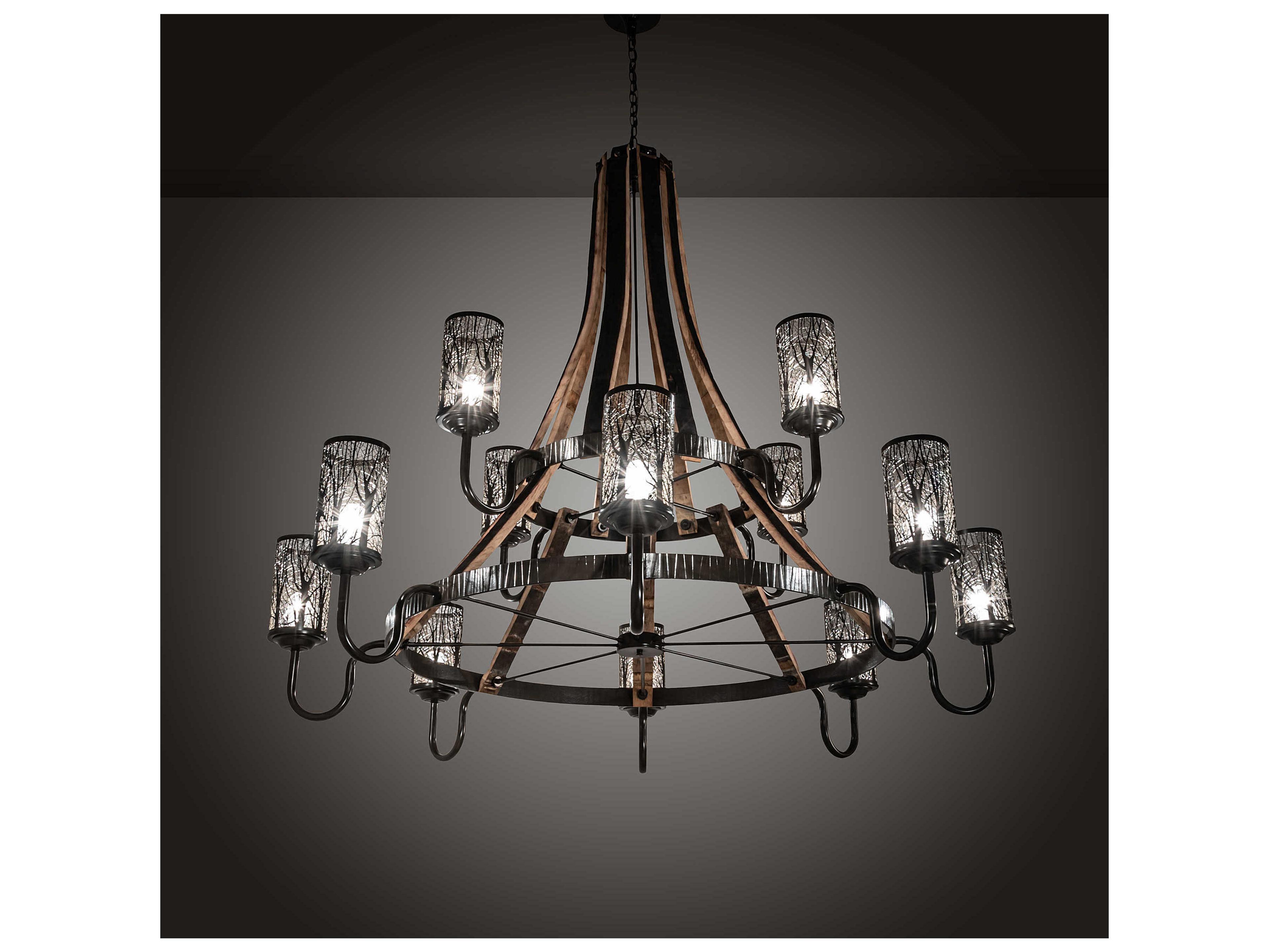 Meyda Barrel Stave 12-Light Natural Wood Timeless Bronze Cylinder Tiered Chandelier