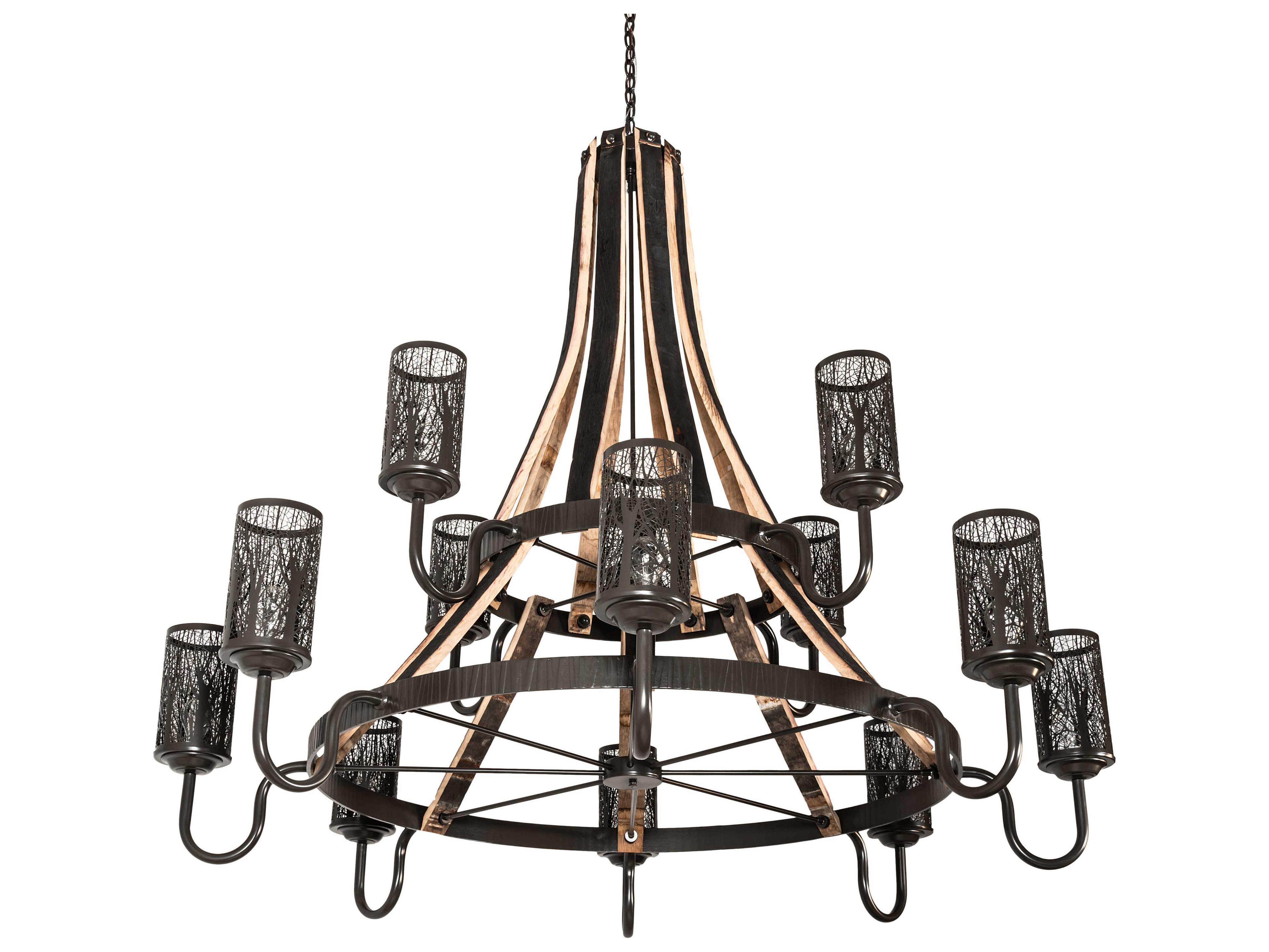 Meyda Barrel Stave 12-Light Natural Wood Timeless Bronze Cylinder Tiered Chandelier