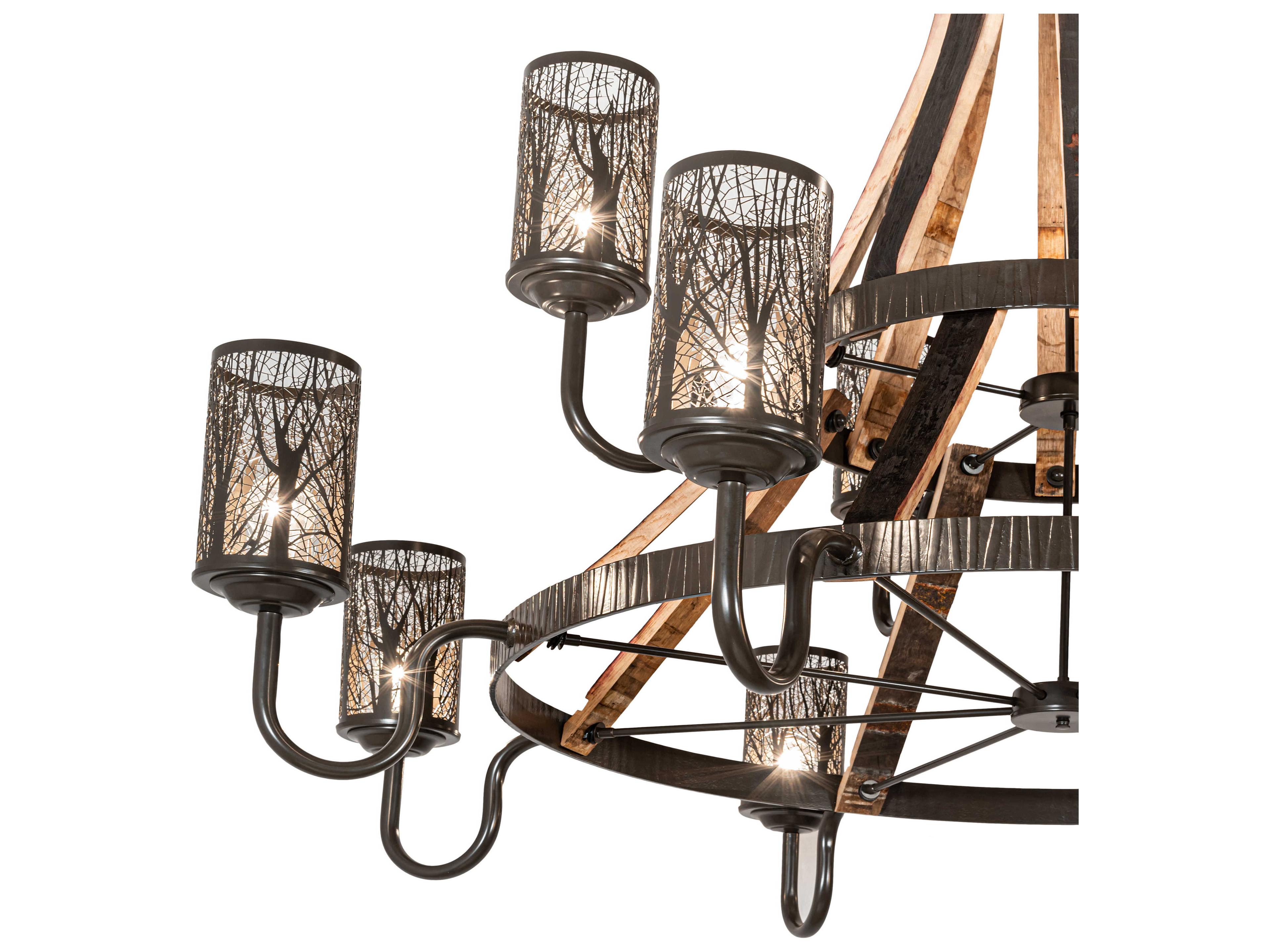 Meyda Barrel Stave 12-Light Natural Wood Timeless Bronze Cylinder Tiered Chandelier