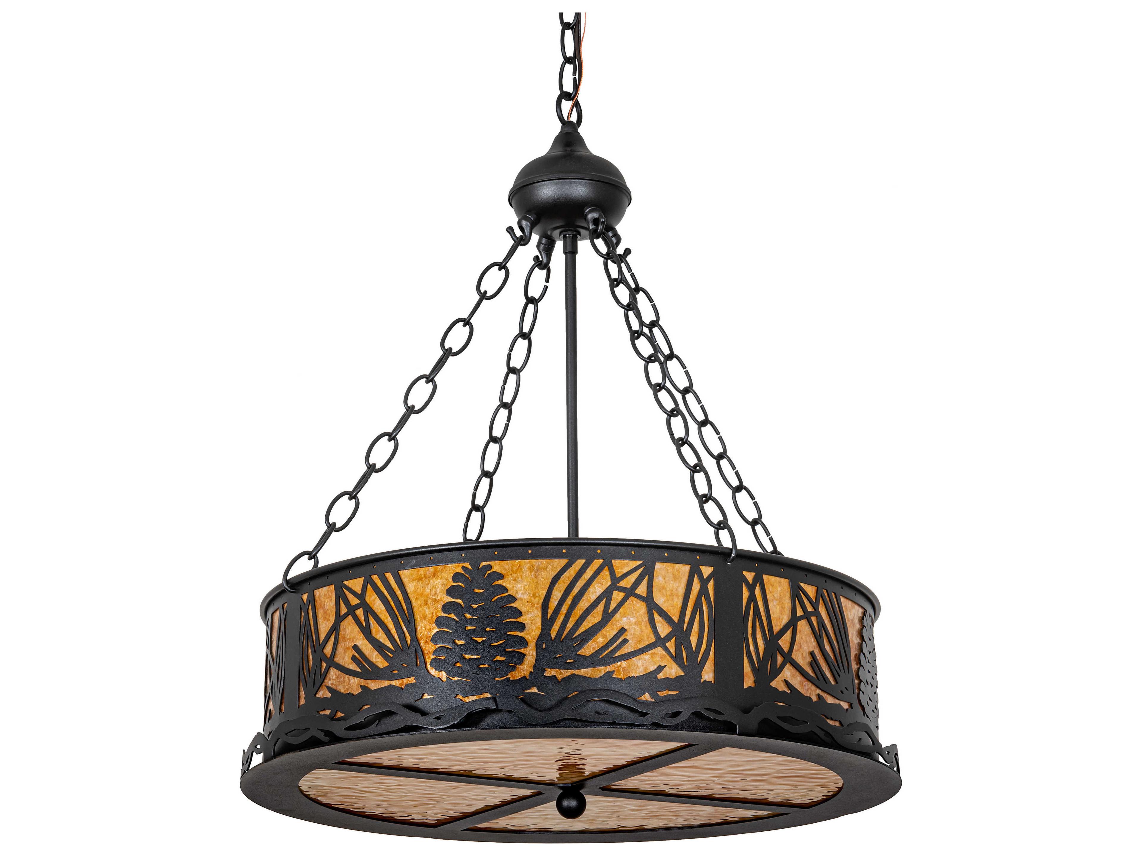 Meyda Mountain Pine 4-Light Black Beige Amber Mica Brown Glass Drum Pendant