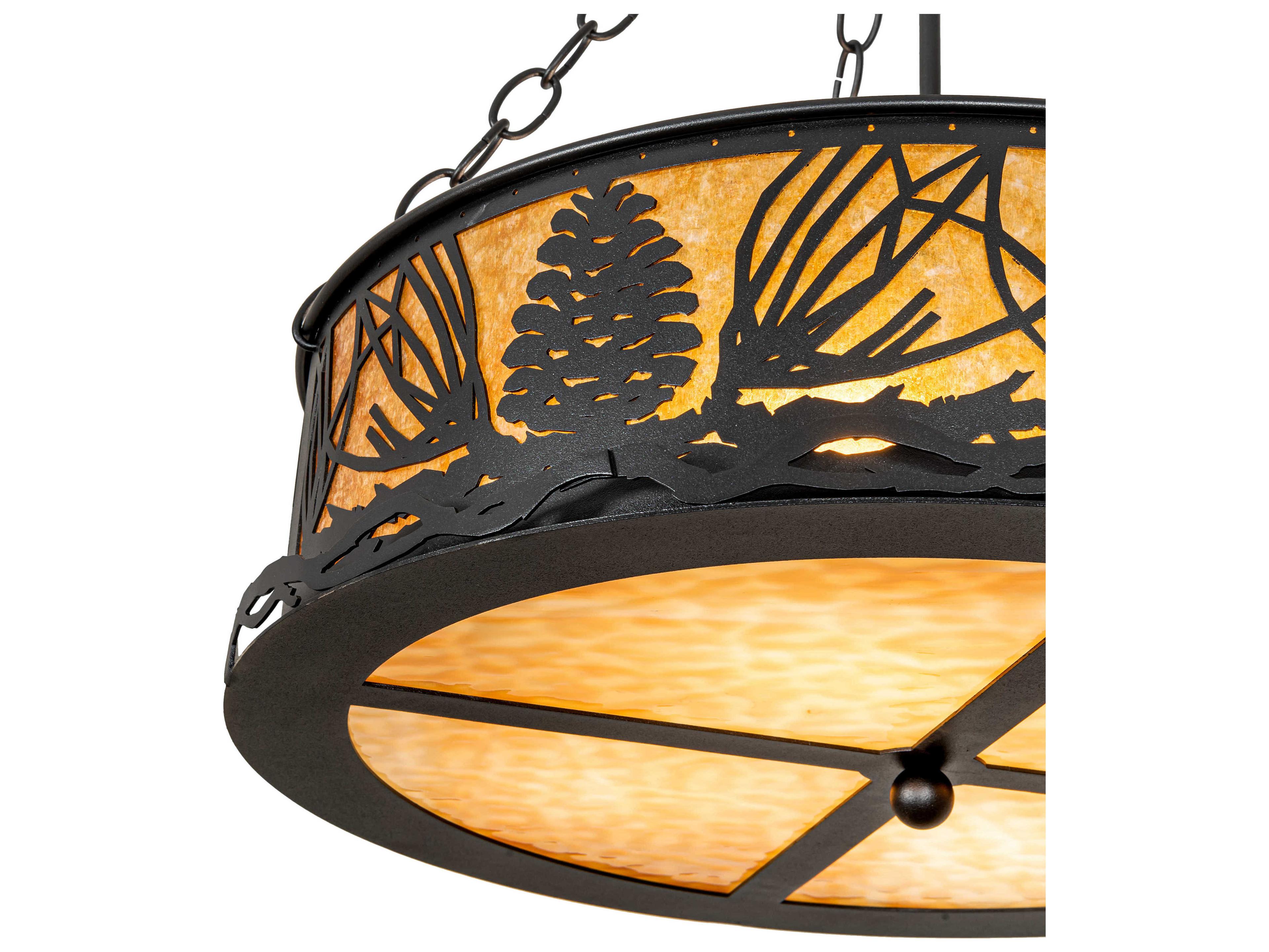 Meyda Mountain Pine 4-Light Black Beige Amber Mica Brown Glass Drum Pendant