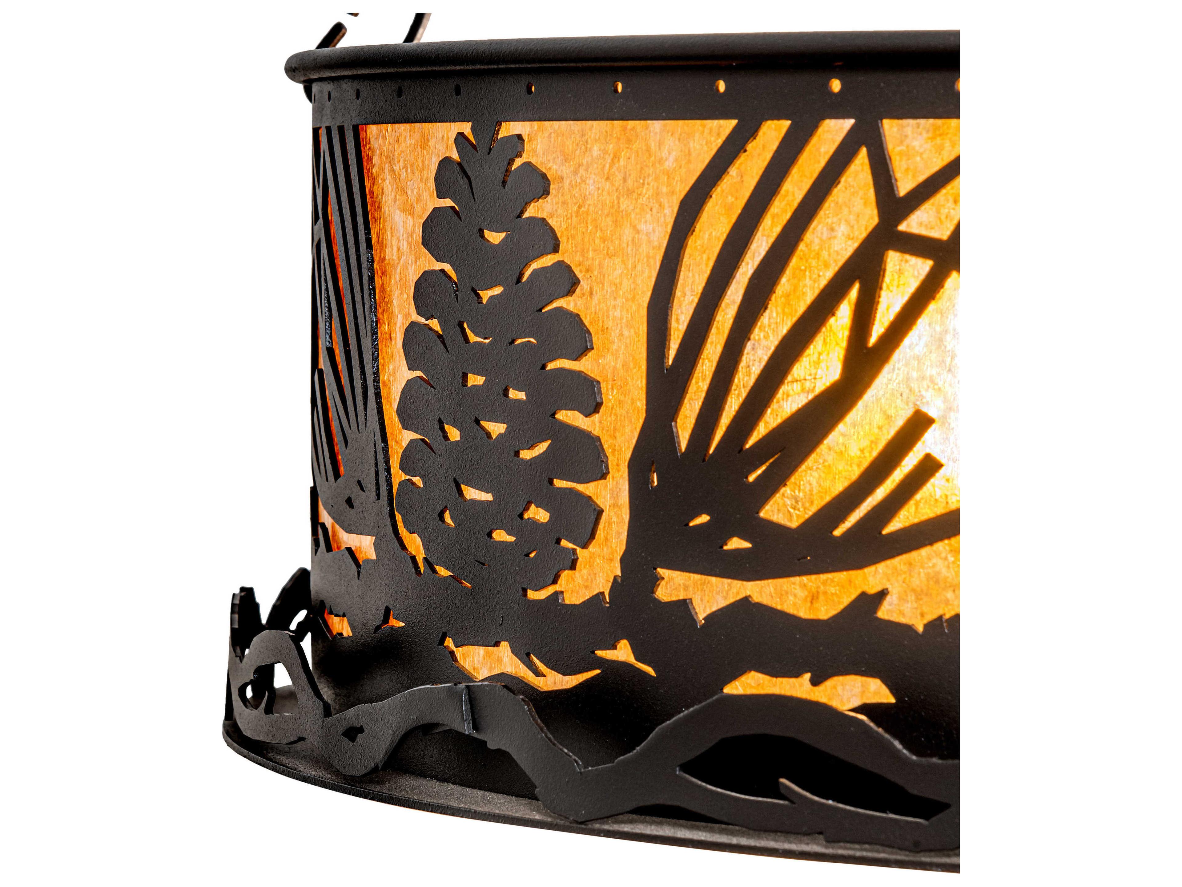 Meyda Mountain Pine 4-Light Black Beige Amber Mica Brown Glass Drum Pendant