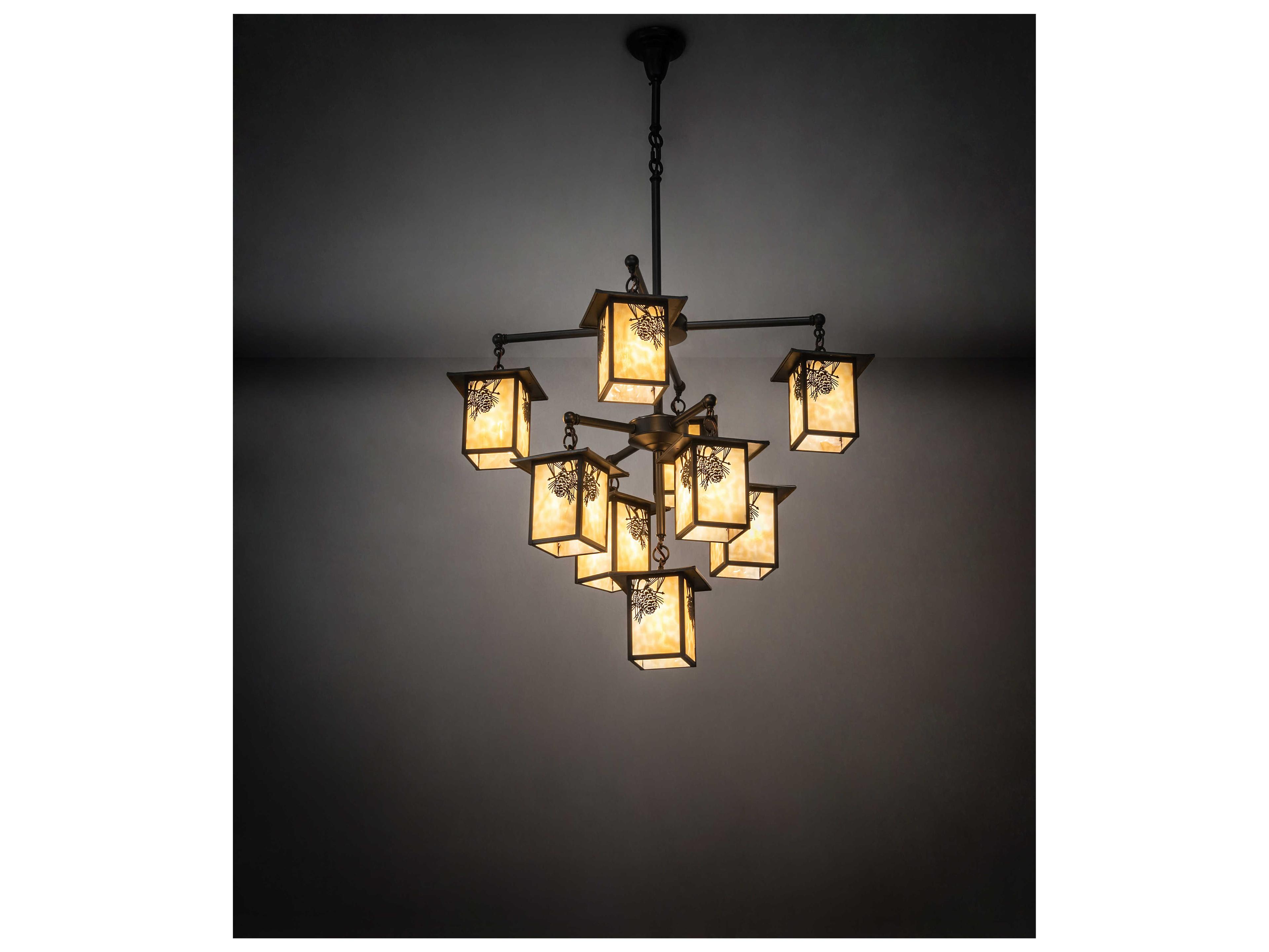 Meyda Seneca Winter Pine 9-Light Craftsman Brown Off White Glass Tiered Chandelier
