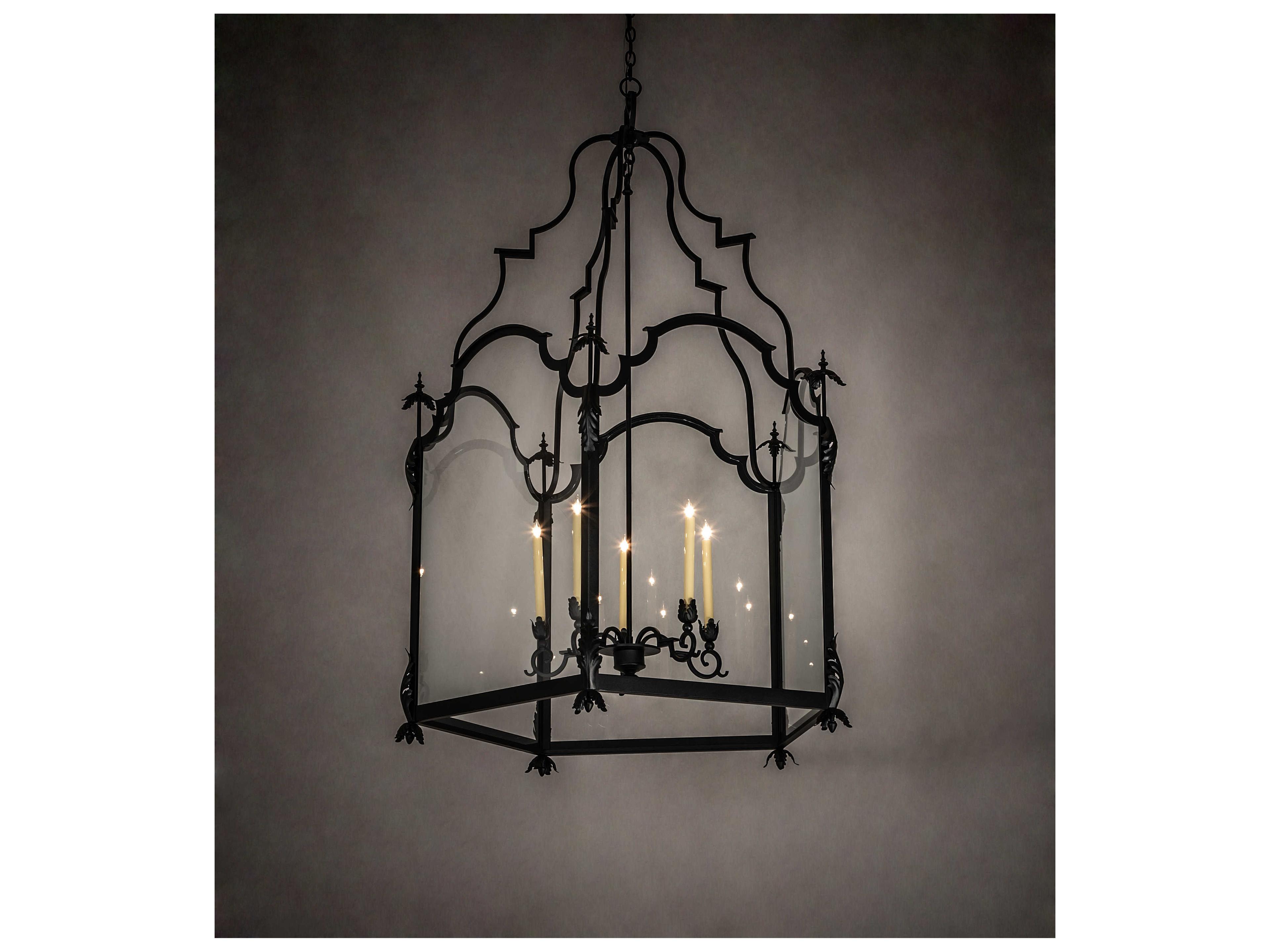 Meyda Lattimer 5-Light Black Ivory Clear White Glass Lantern Chandelier
