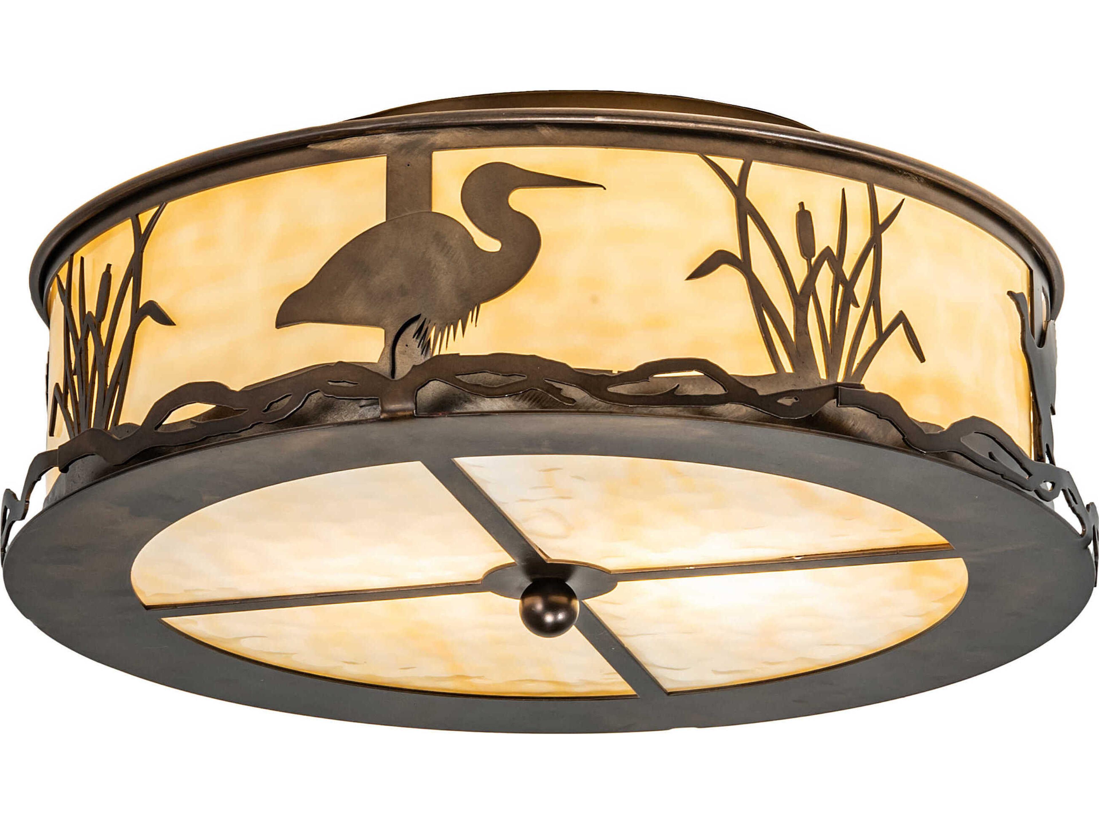 2-Light Antique Copper Glass Drum Flush Mount