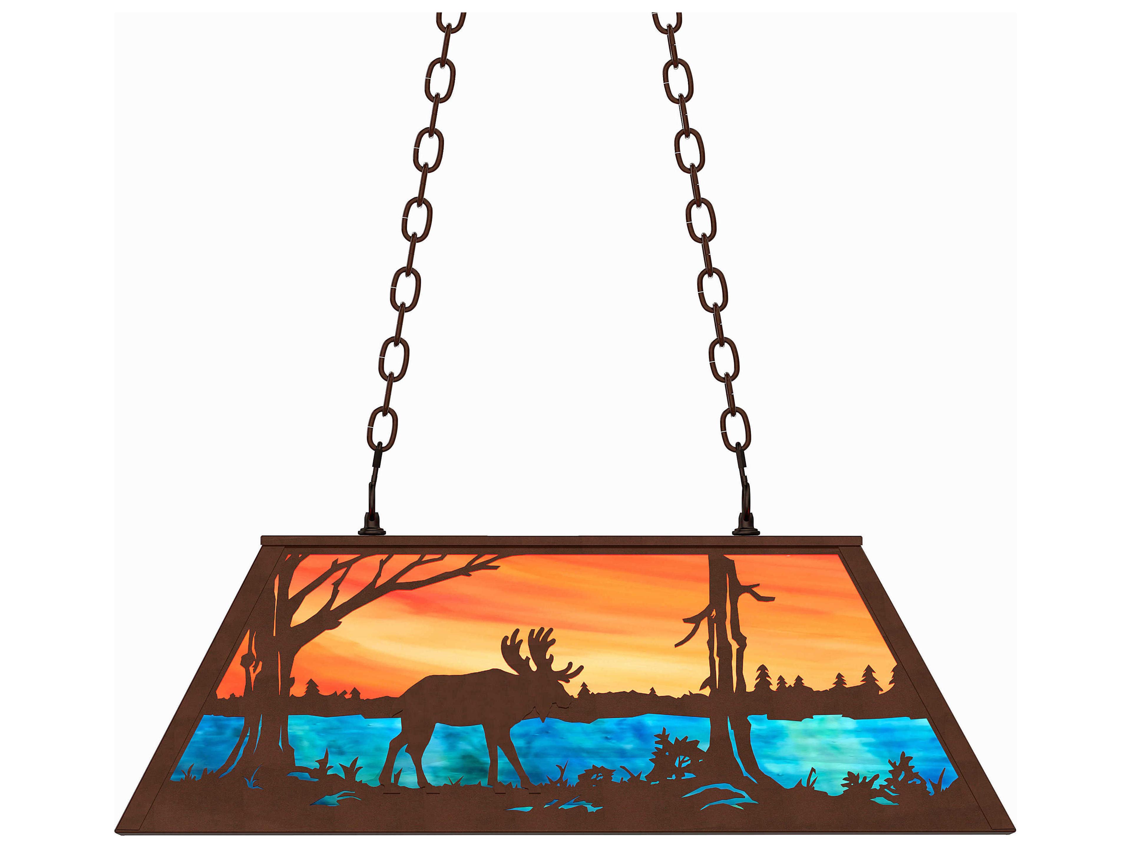 Moose At Lake 6-Light Mahogany Bronze Blue Glass Tiffany Island Pendant