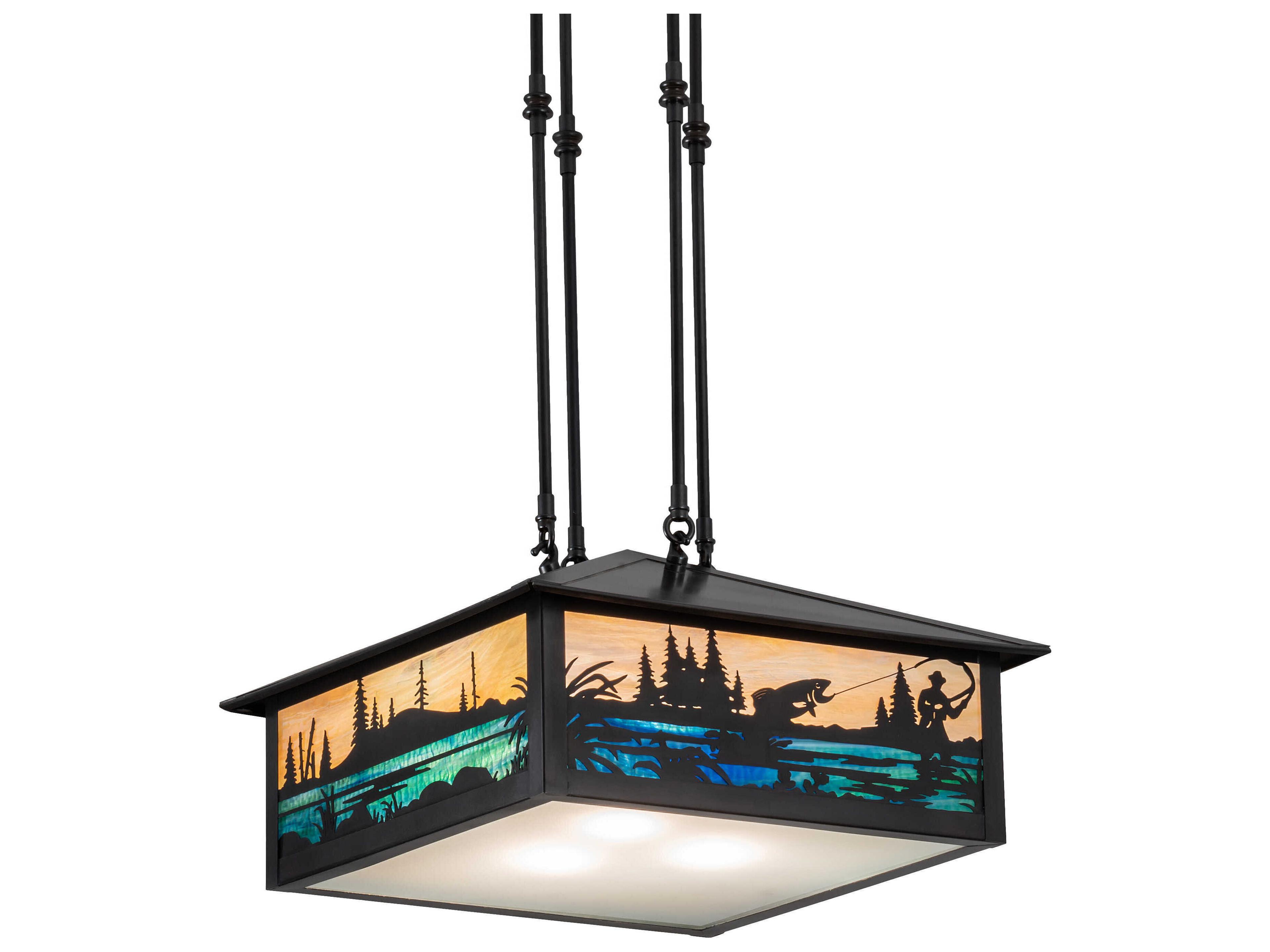 Fly Fishing 3-Light Brass Glass Pendant