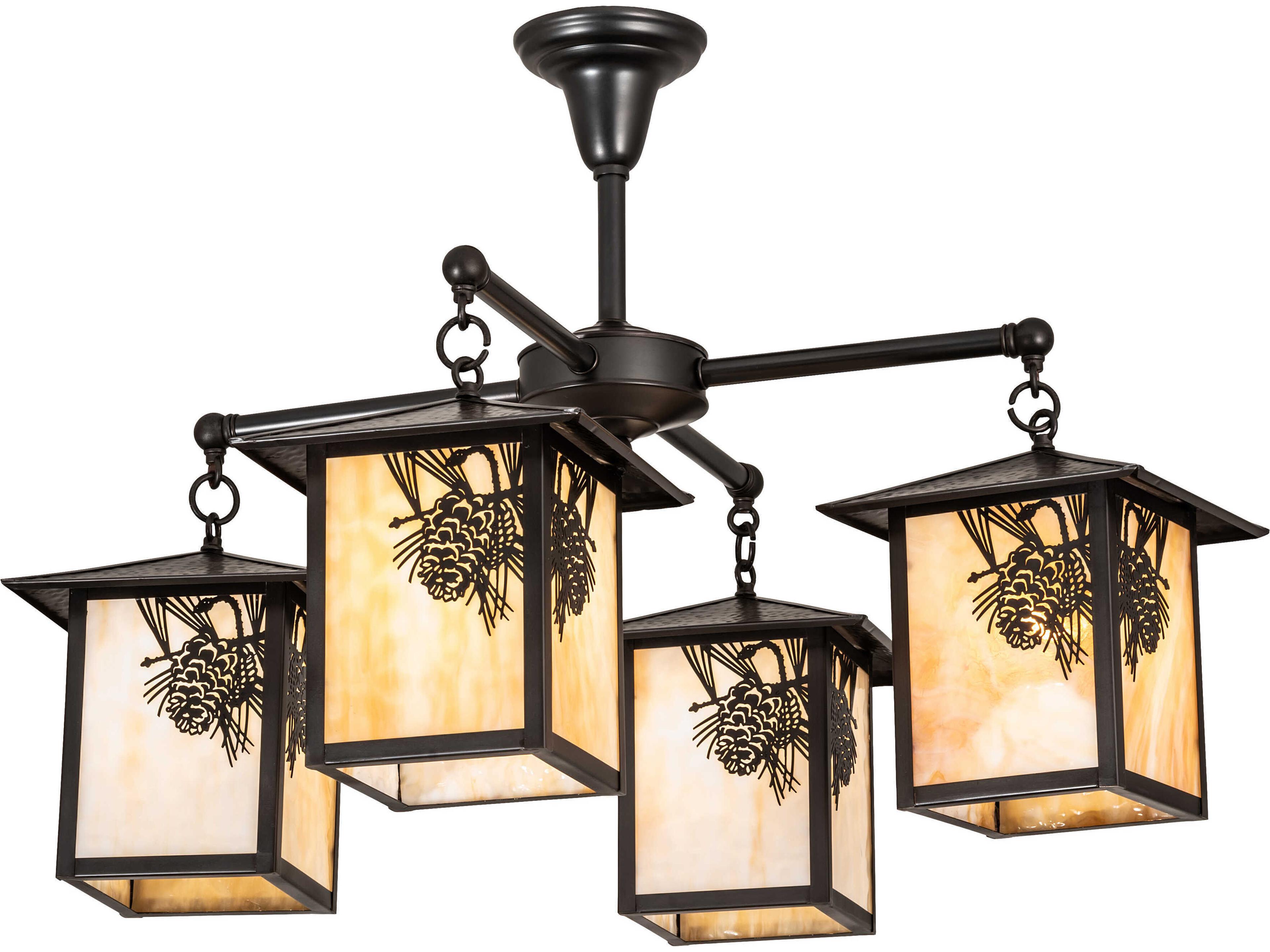 Seneca Winter Pine 4-Light Craftsman Brown Glass Lantern Chandelier