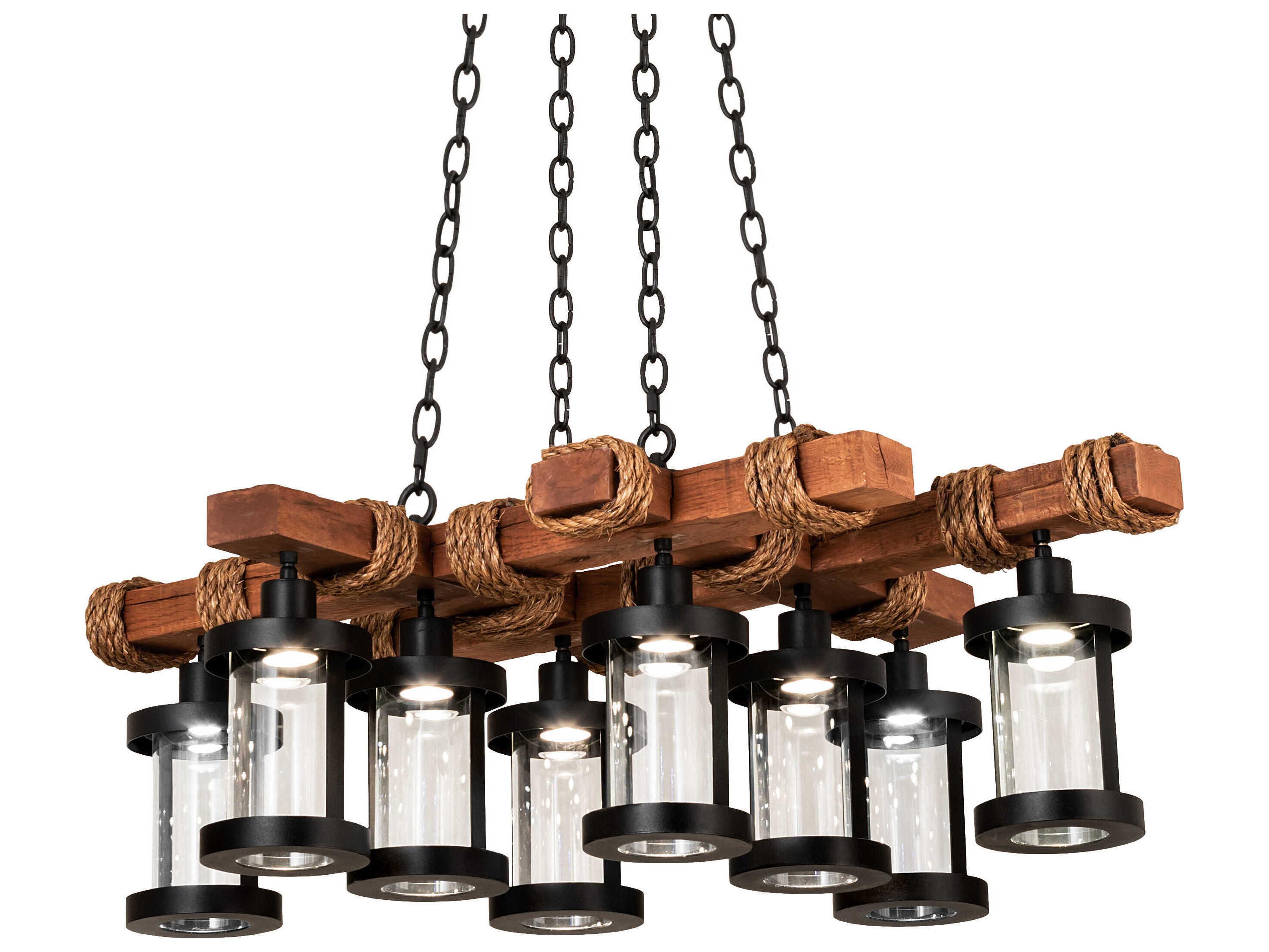 Wood Beam 8-Light Black Glass Cylinder Lantern Island Pendant