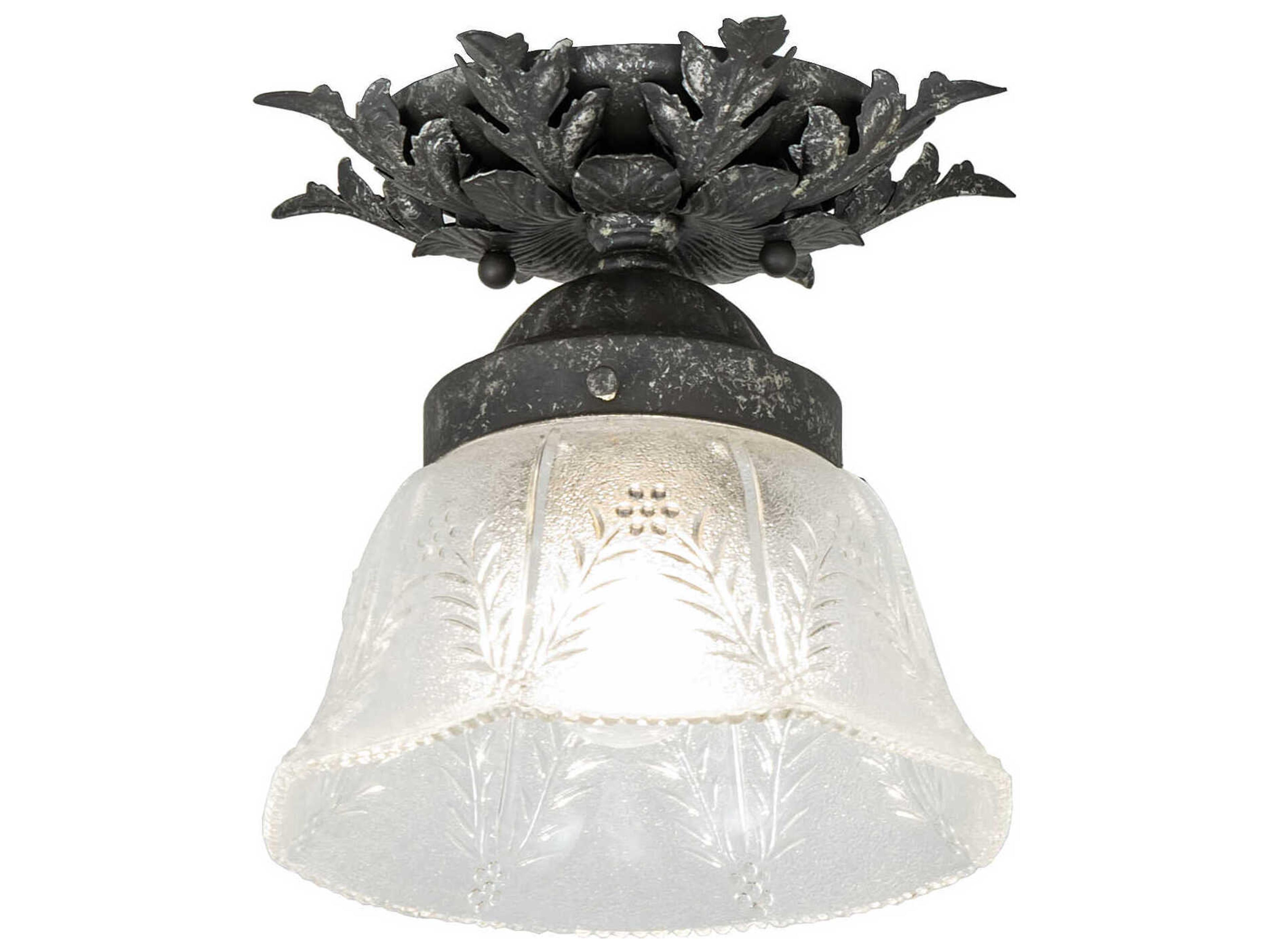 1-Light Pewter Antique Glass Bell Round Semi Flush Mount