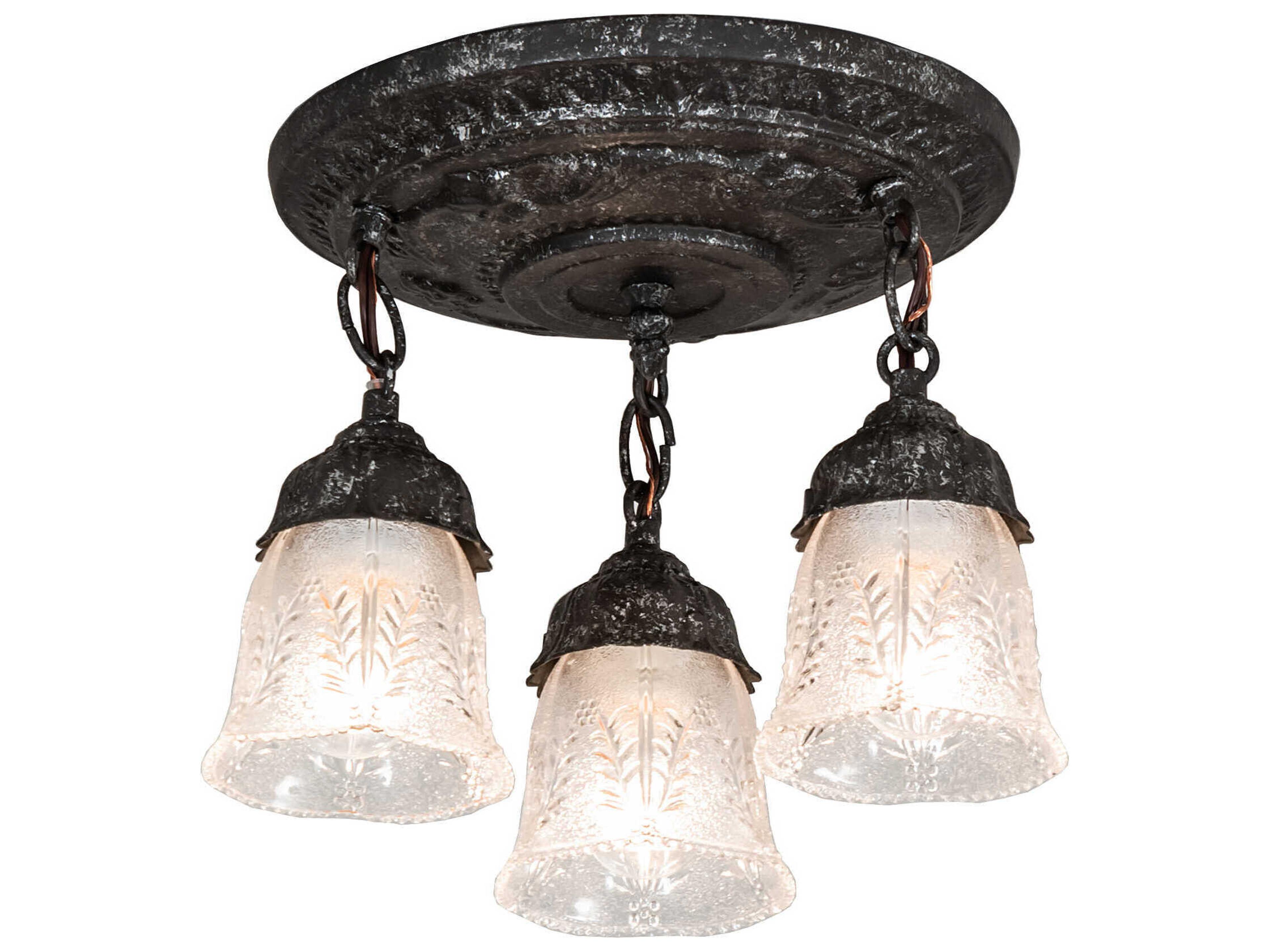3-Light Pewter Antique Glass Bell Semi Flush Mount