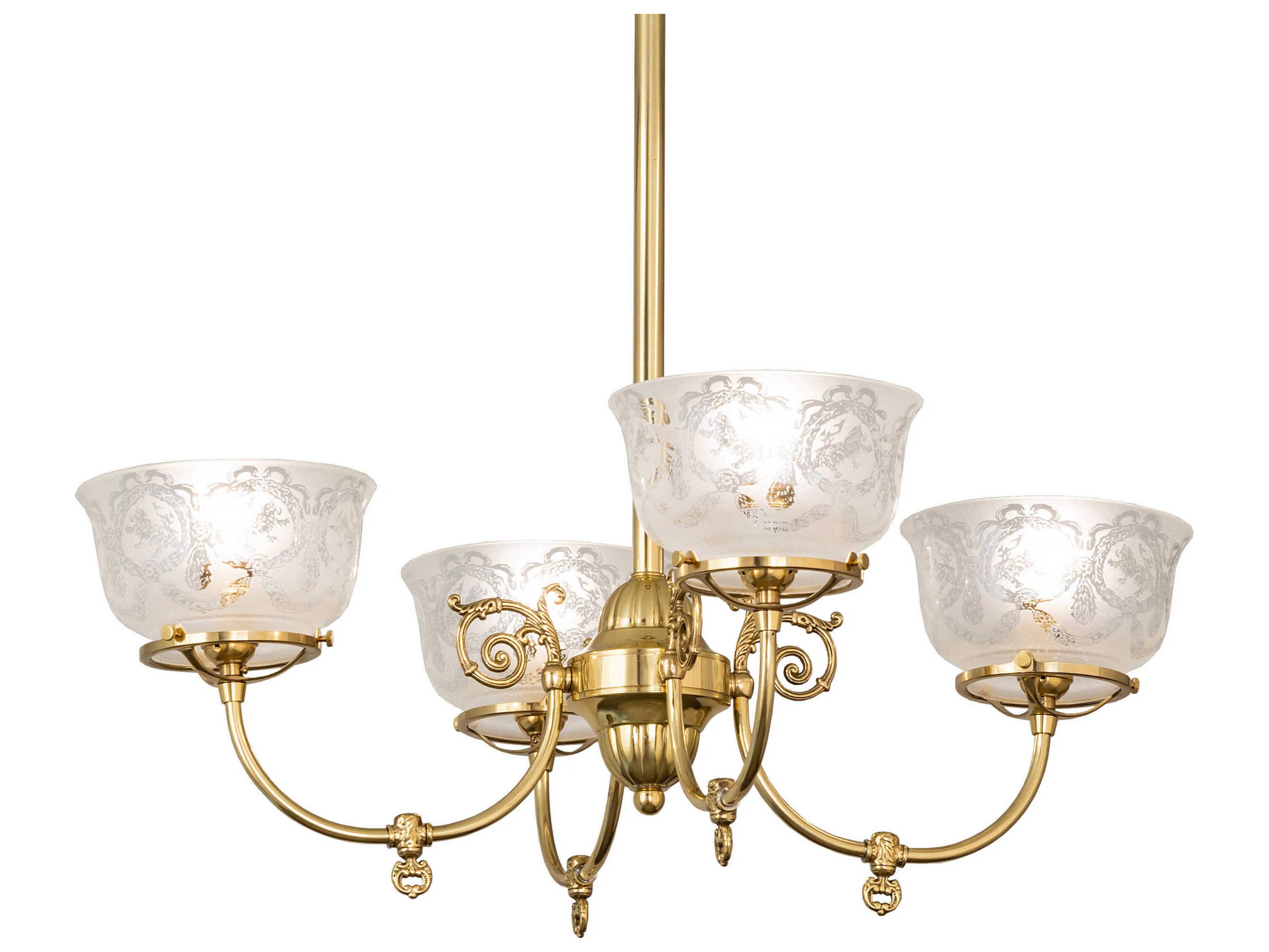 Revival Gas And Electric 4-Light Polished Brass Glass Chandelier