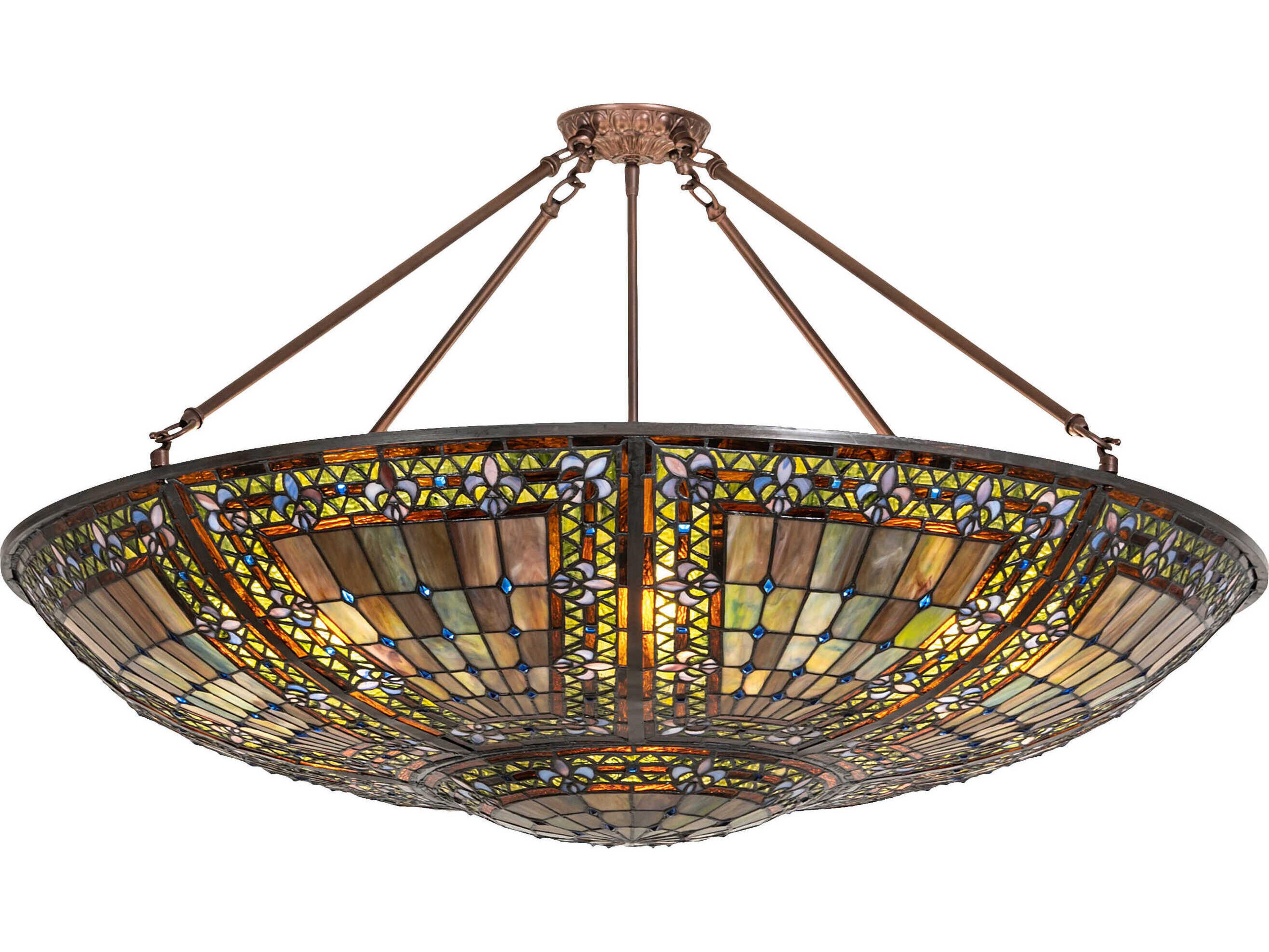 Fleur-de-lis 8-Light Mahogany Bronze Blue Glass Tiffany Bowl Semi Flush Mount