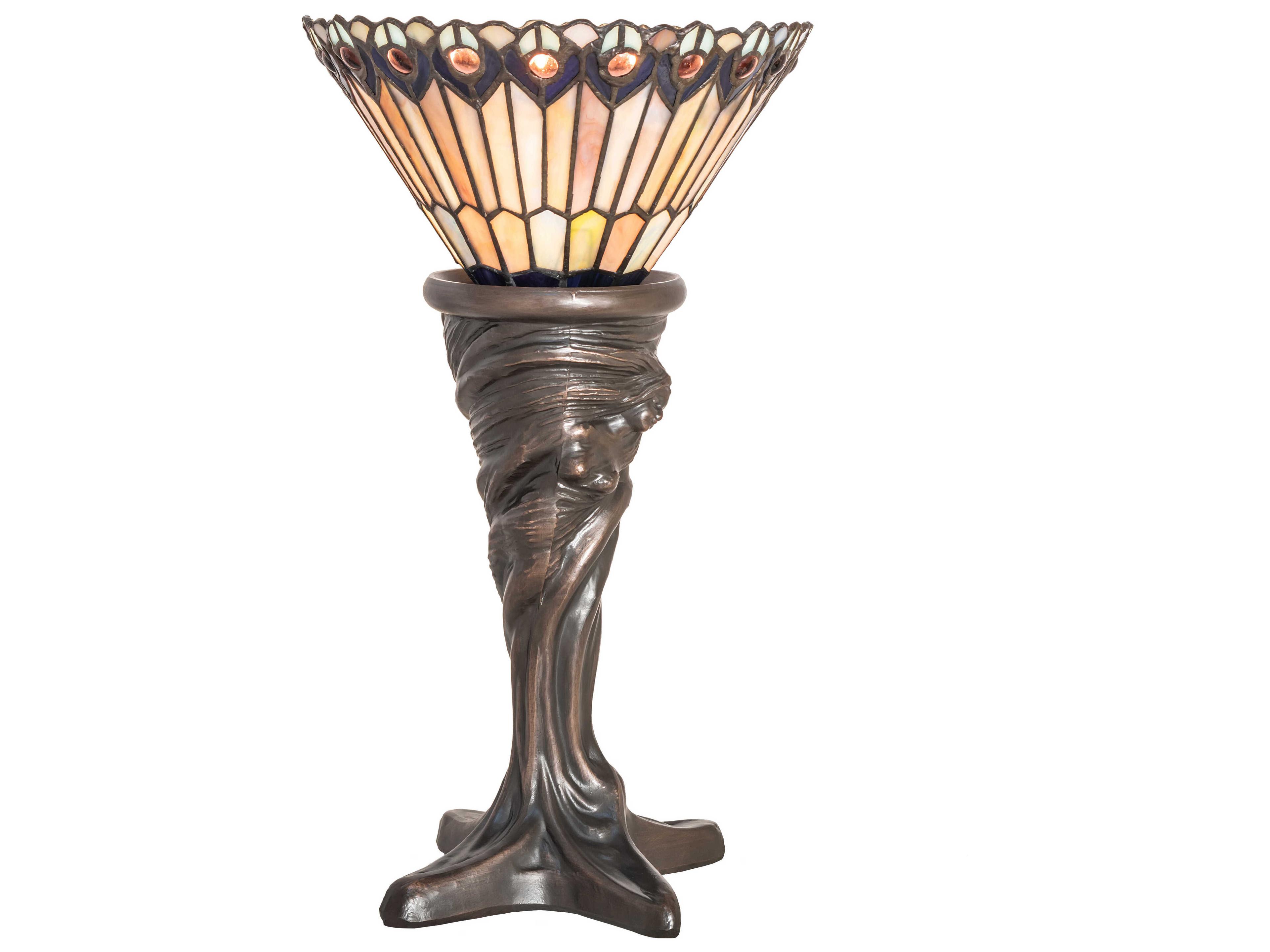 Tiffany Jeweled Peacock Mahogany Bronze Glass Table Lamp