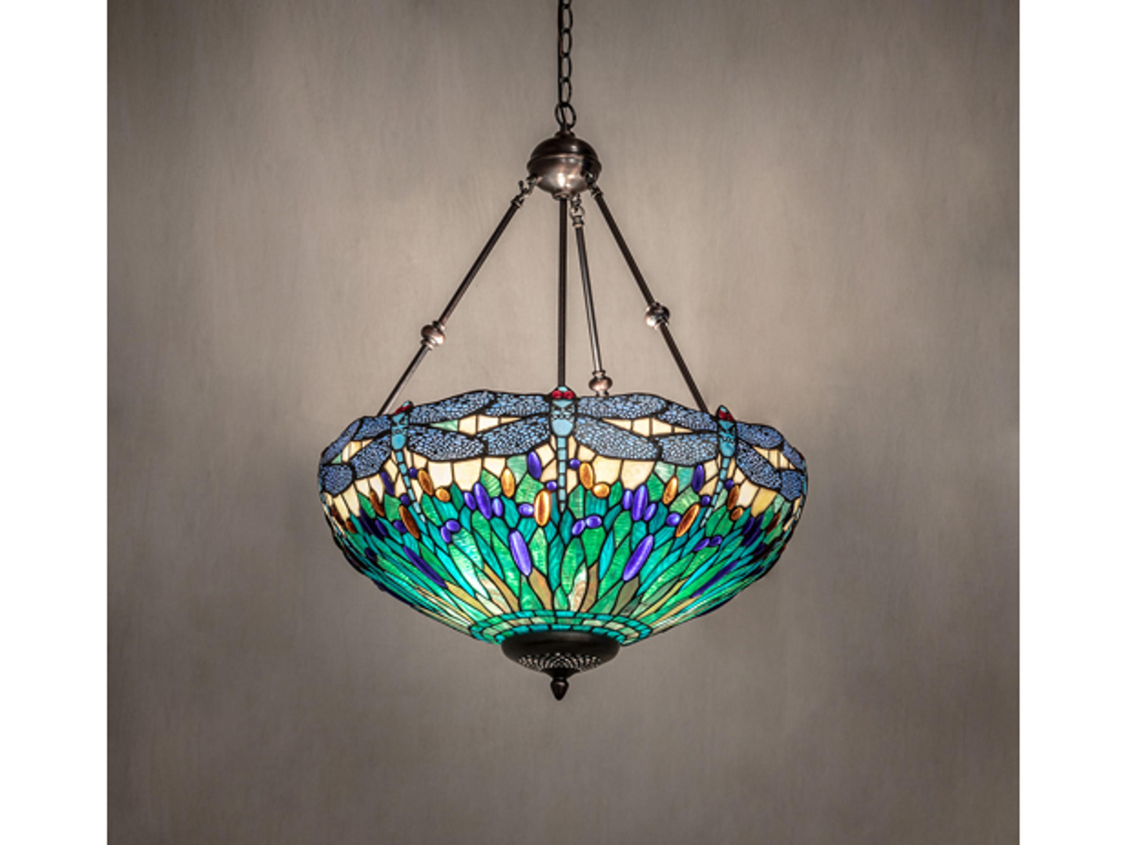 3-Light Mahogany Bronze Blue Glass Tiffany Bowl Pendant