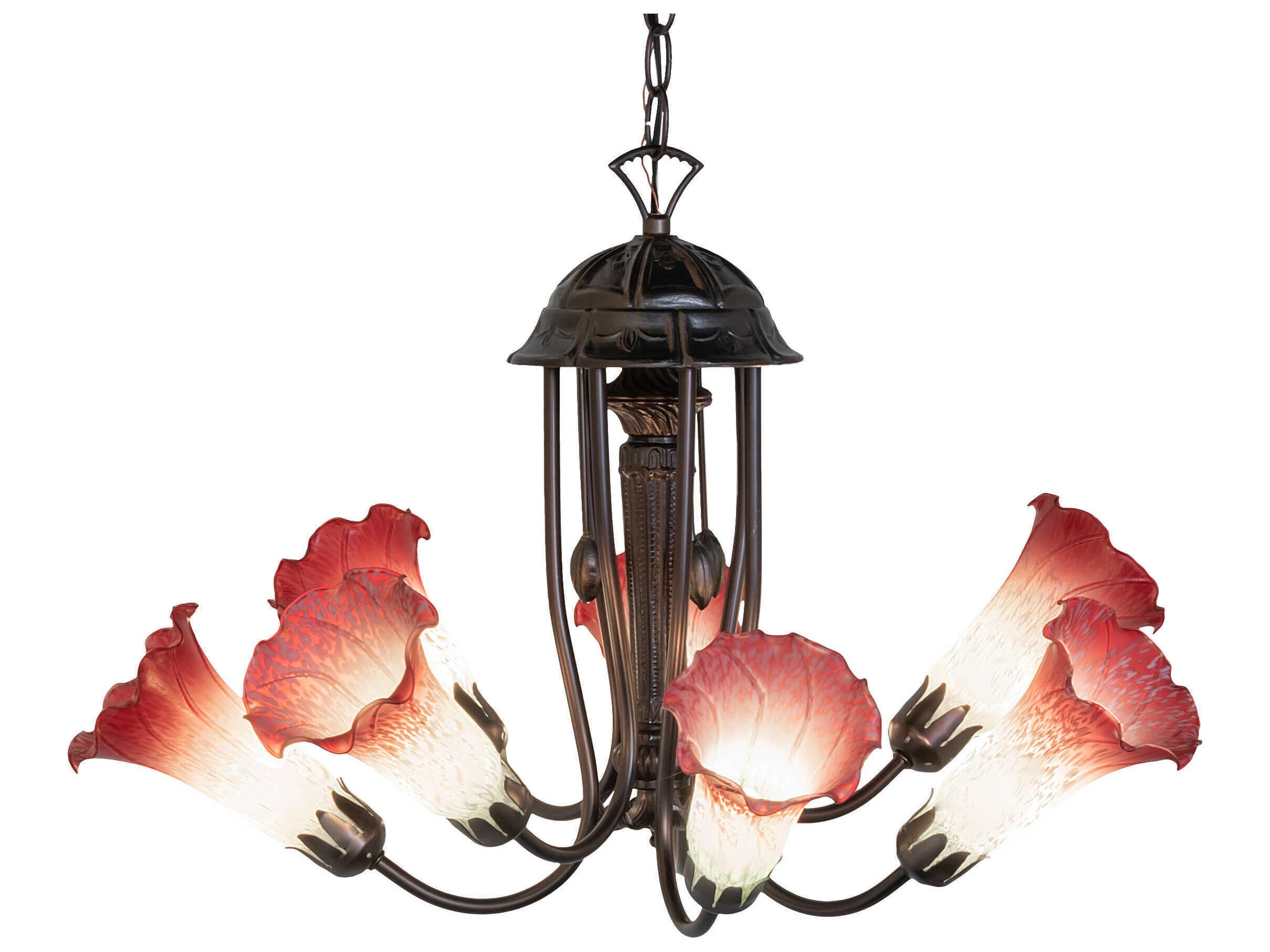 Pond Lily 7-Light Mahogany Bronze Pink Glass Bell Chandelier