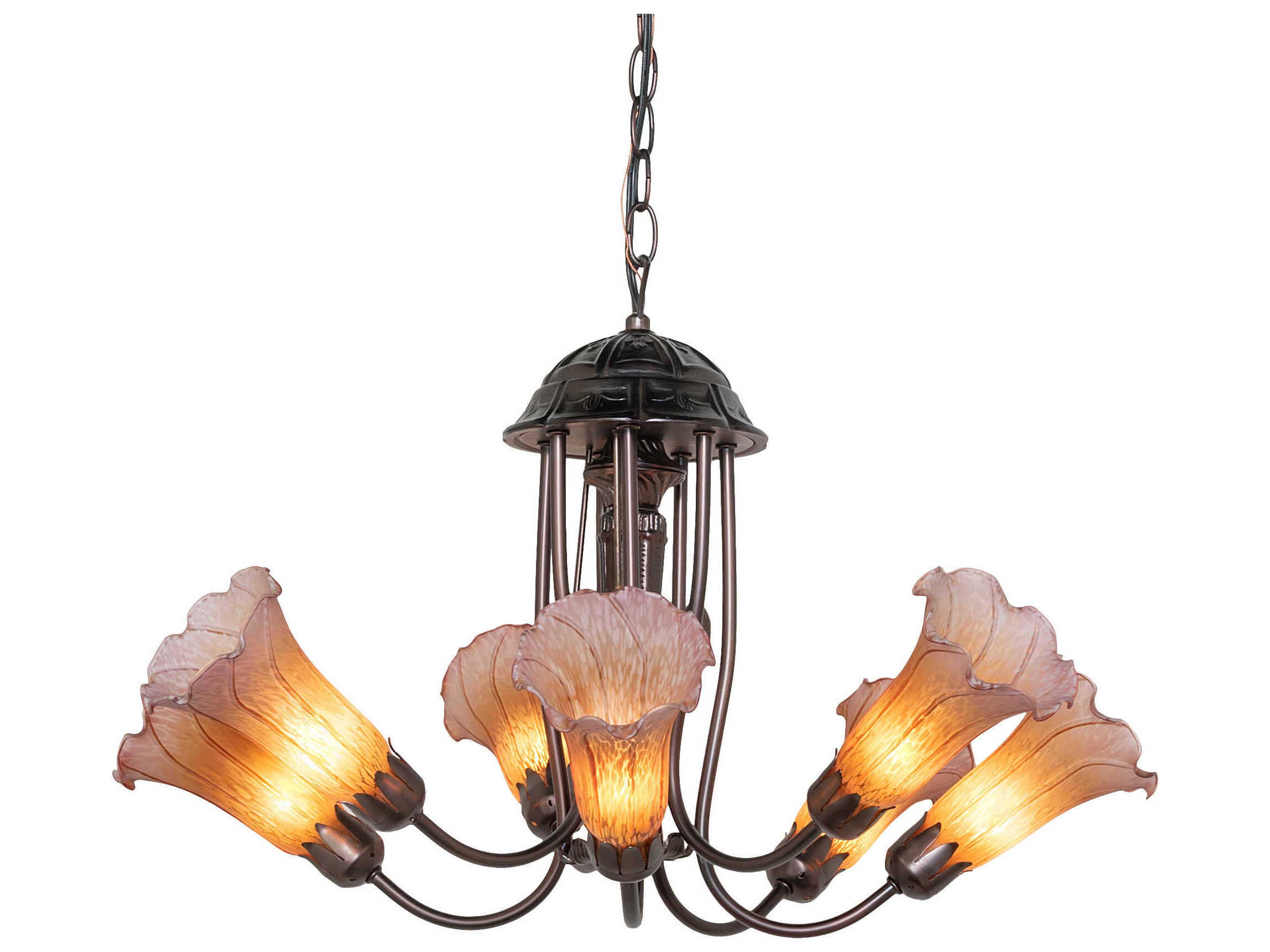 Pond Lily 7-Light Mahogany Bronze Orange Glass Bell Chandelier