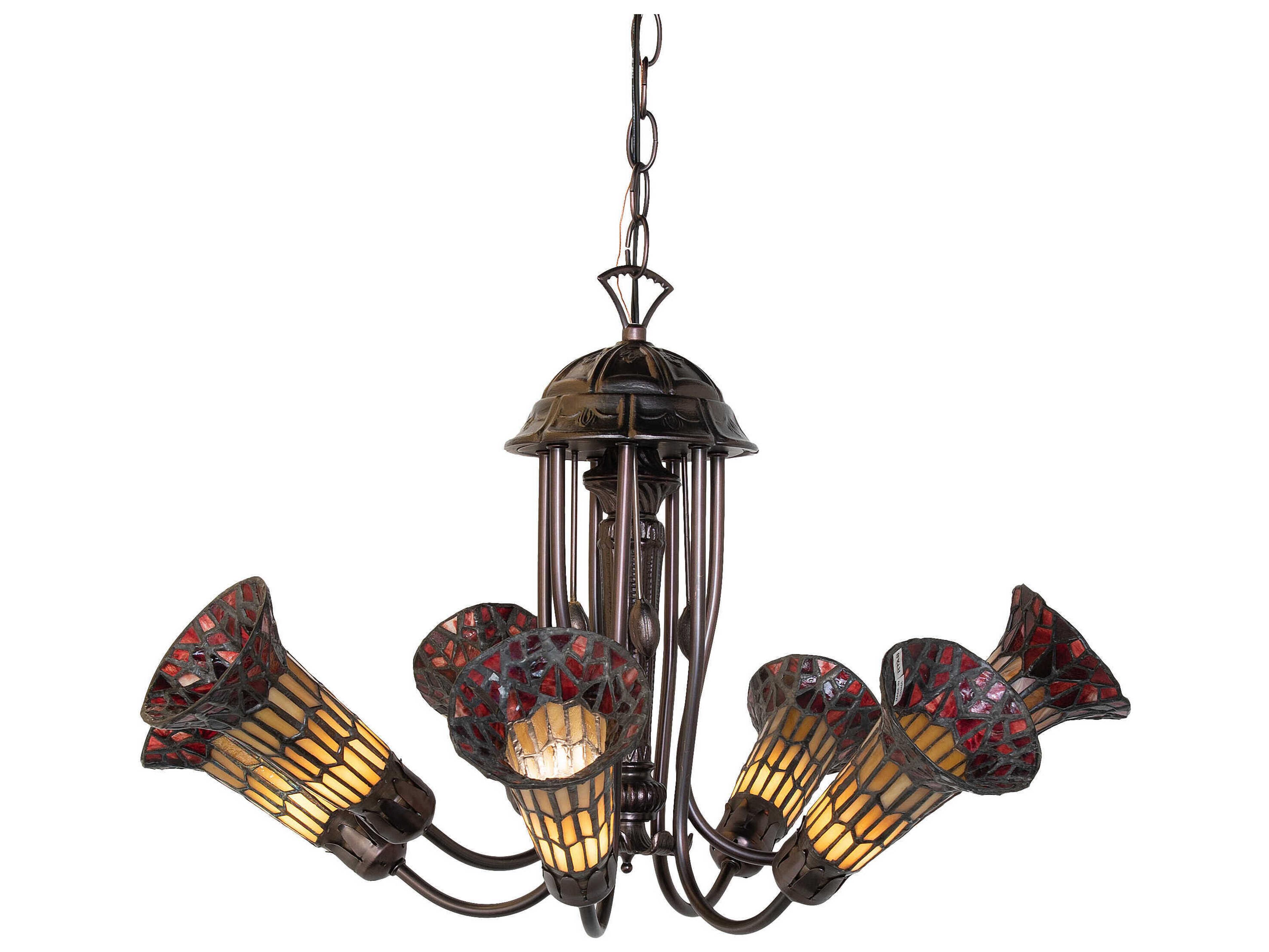 Stained Glass Pond Lily 7-Light Mahogany Bronze Tiffany Bell Chandelier