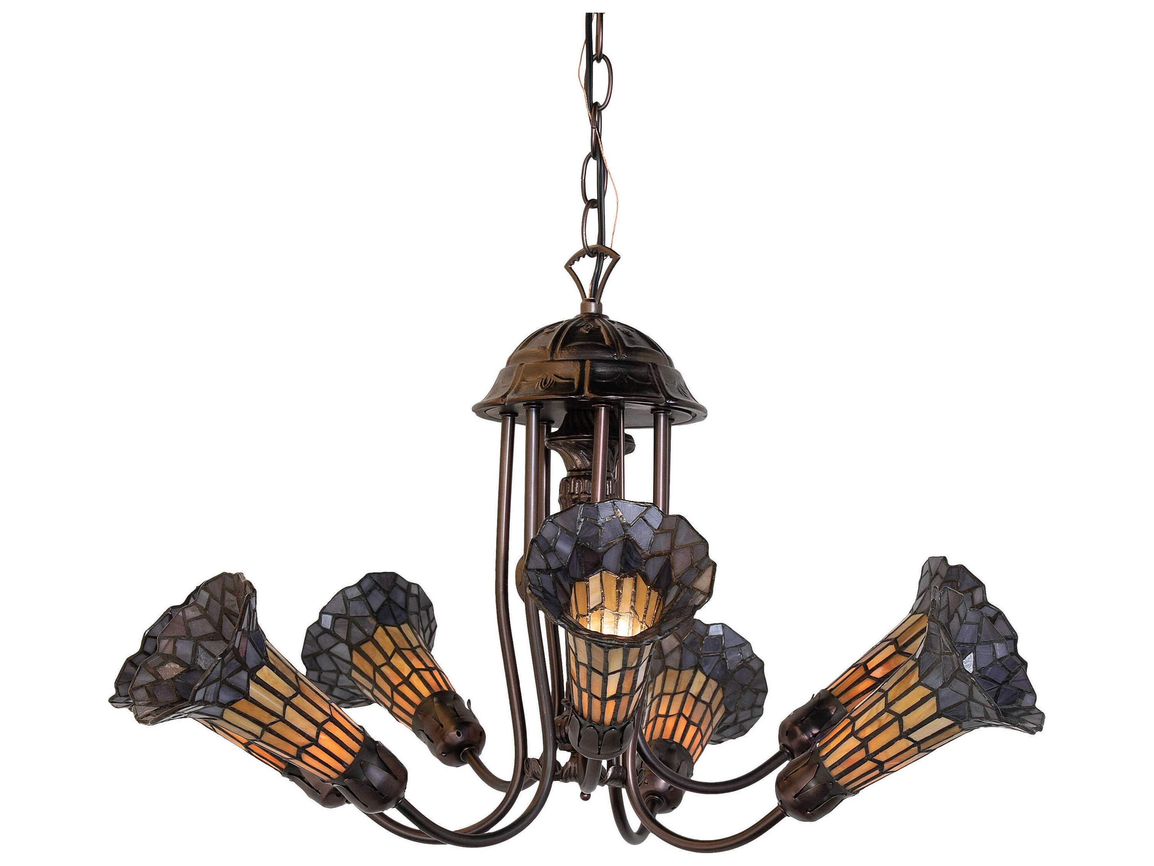 Stained Glass Pond Lily 7-Light Mahogany Bronze Tiffany Bell Chandelier