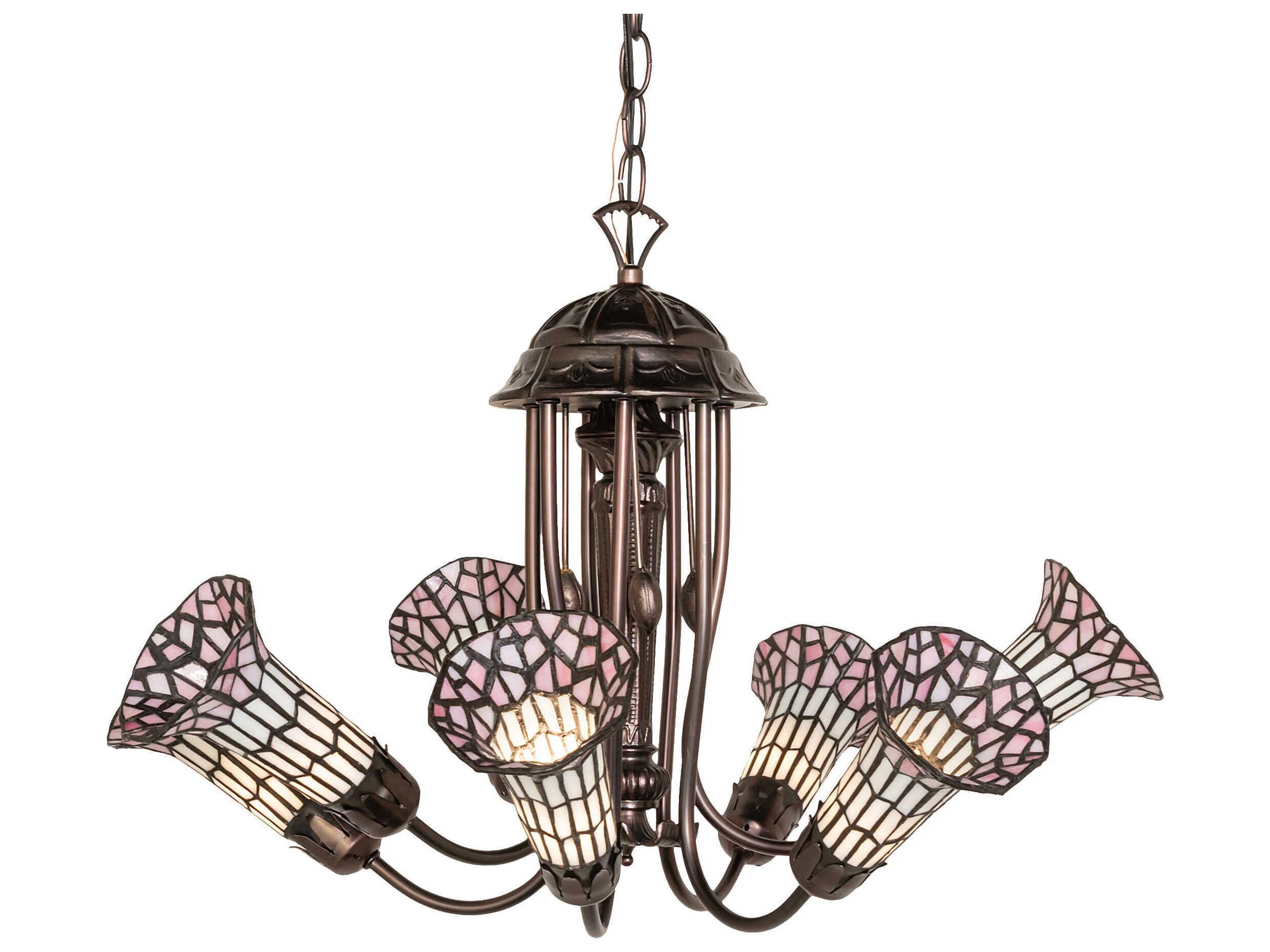 Stained Glass Pond Lily 7-Light Mahogany Bronze Tiffany Bell Chandelier