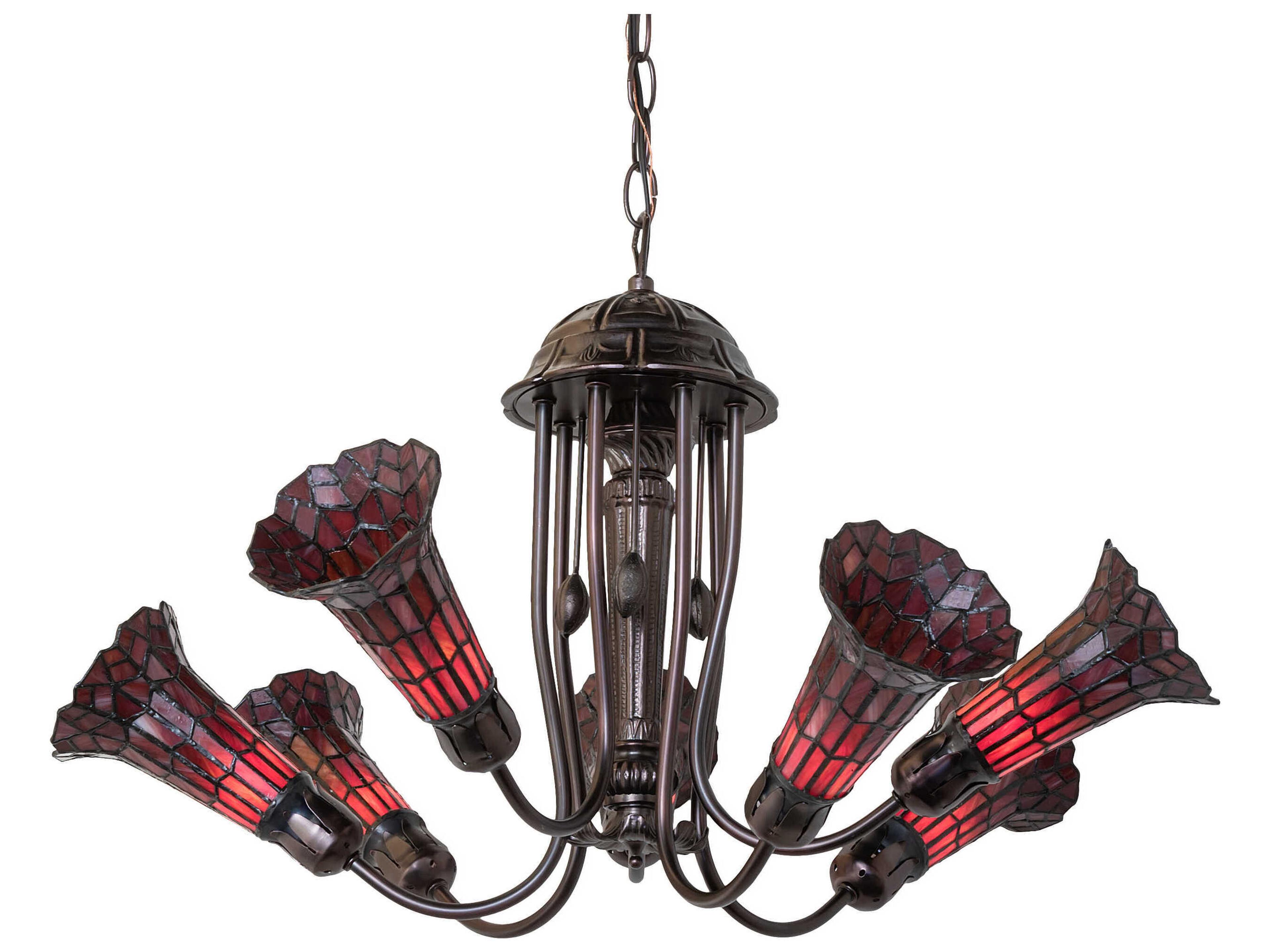 Stained Glass Pond Lily 7-Light Mahogany Bronze Tiffany Bell Chandelier