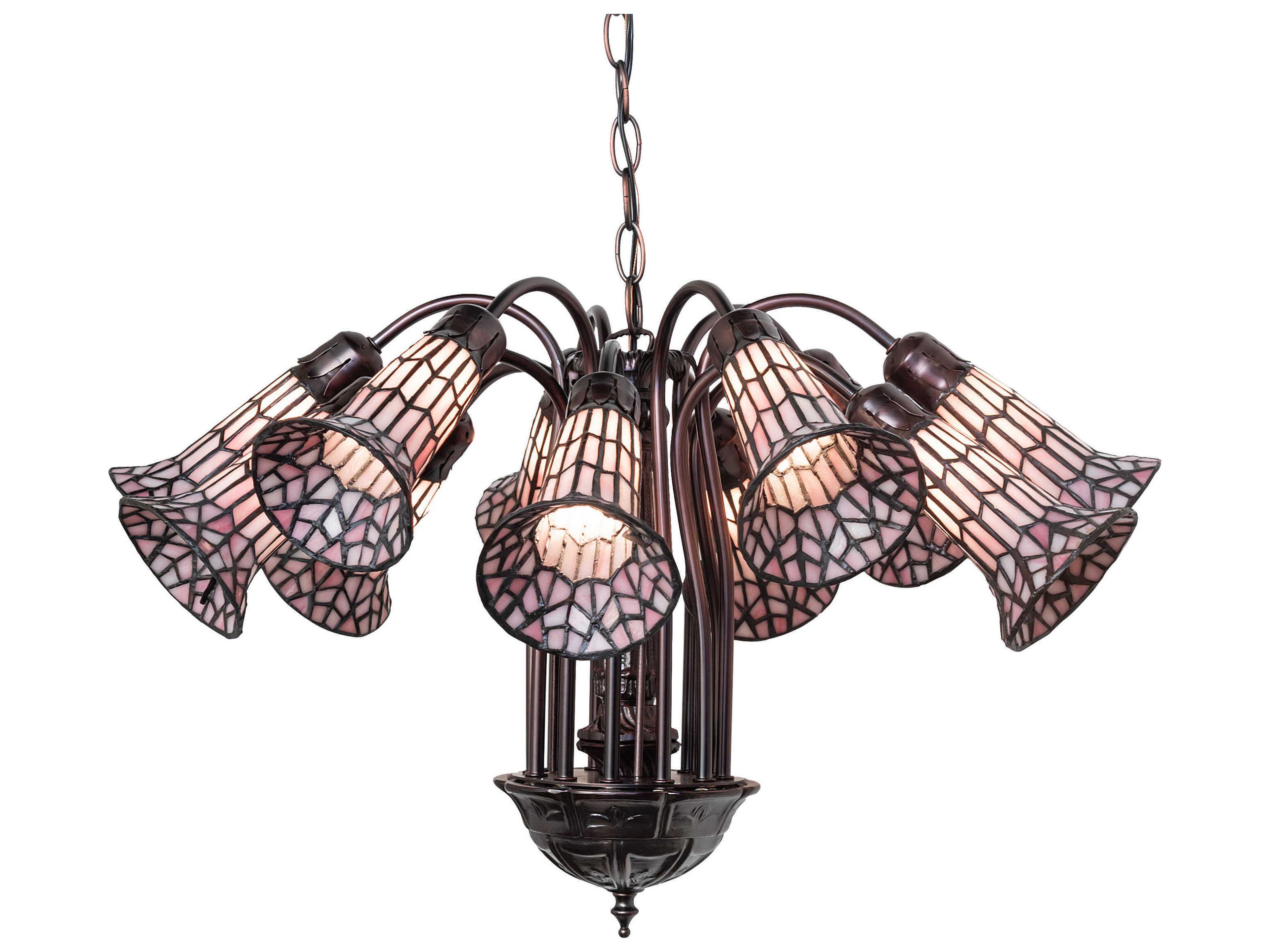Tiffany 12-Light Stained Glass Pond Lily Chandelier in Mahogany Bronze