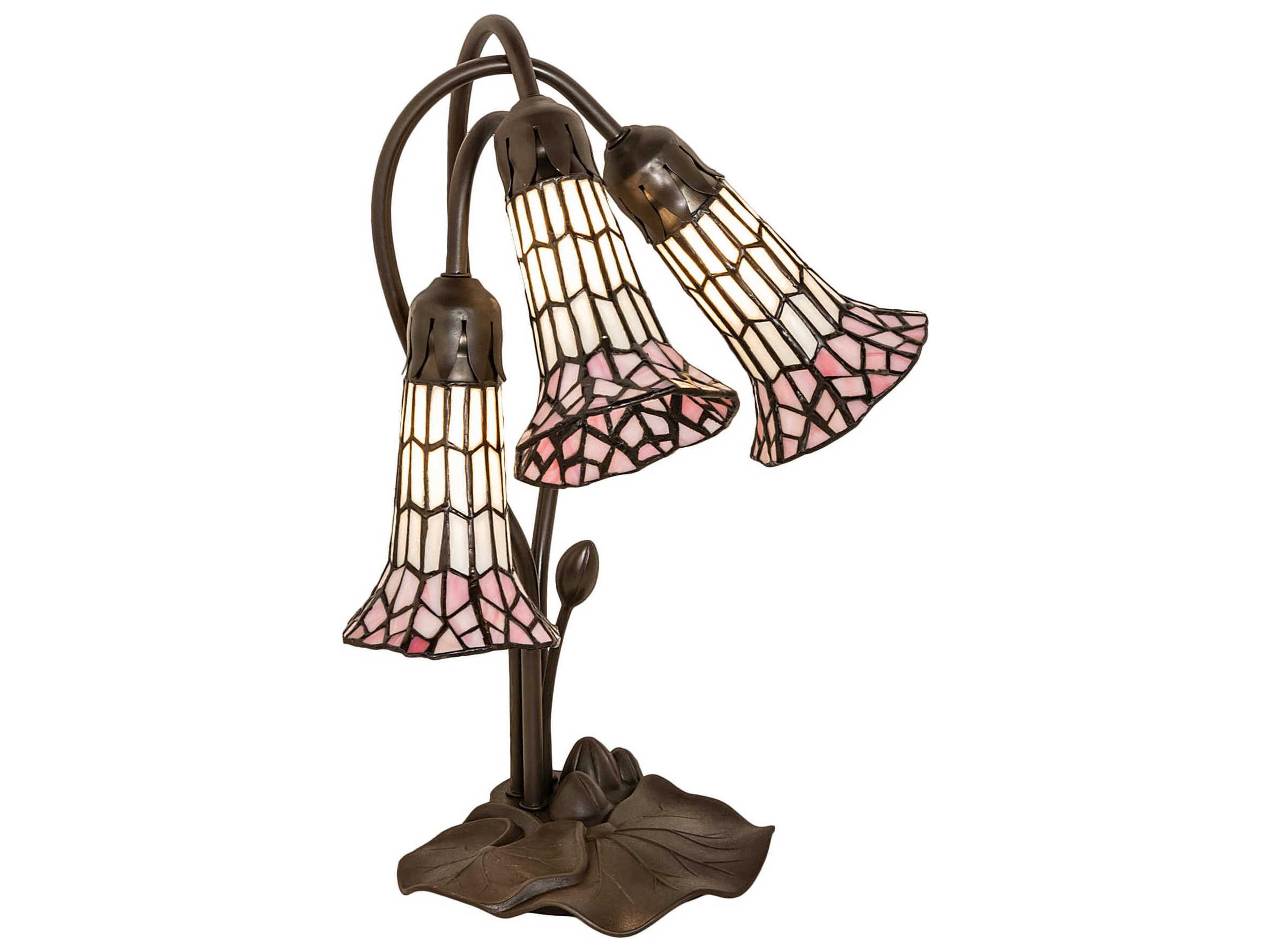 Stained Glass Pond Lily Mahogany Bronze Tiffany Table Lamp with Pink White Shade