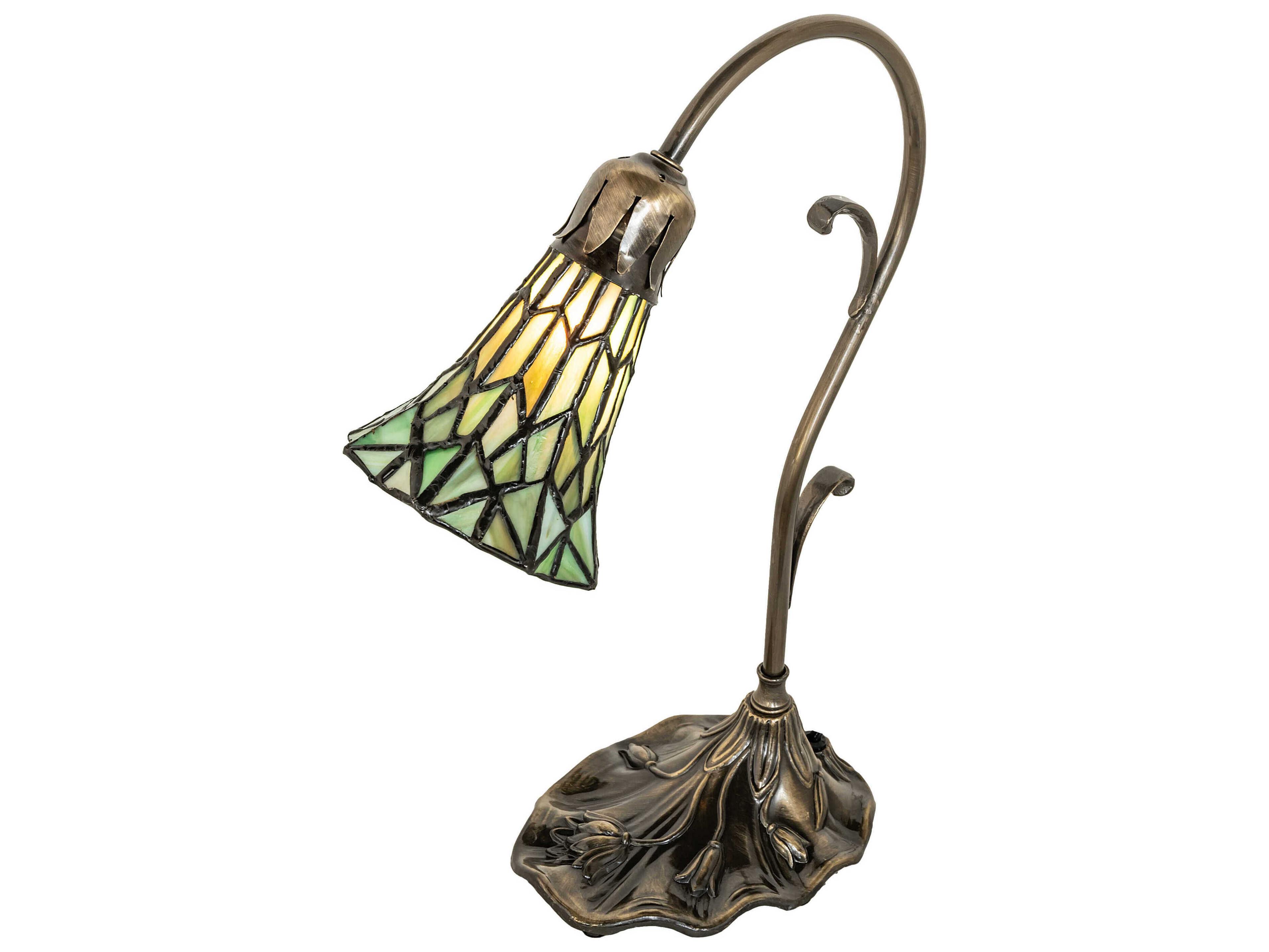 Pond Lily Antique Brass Glass Tiffany Table Lamp with Green Shade