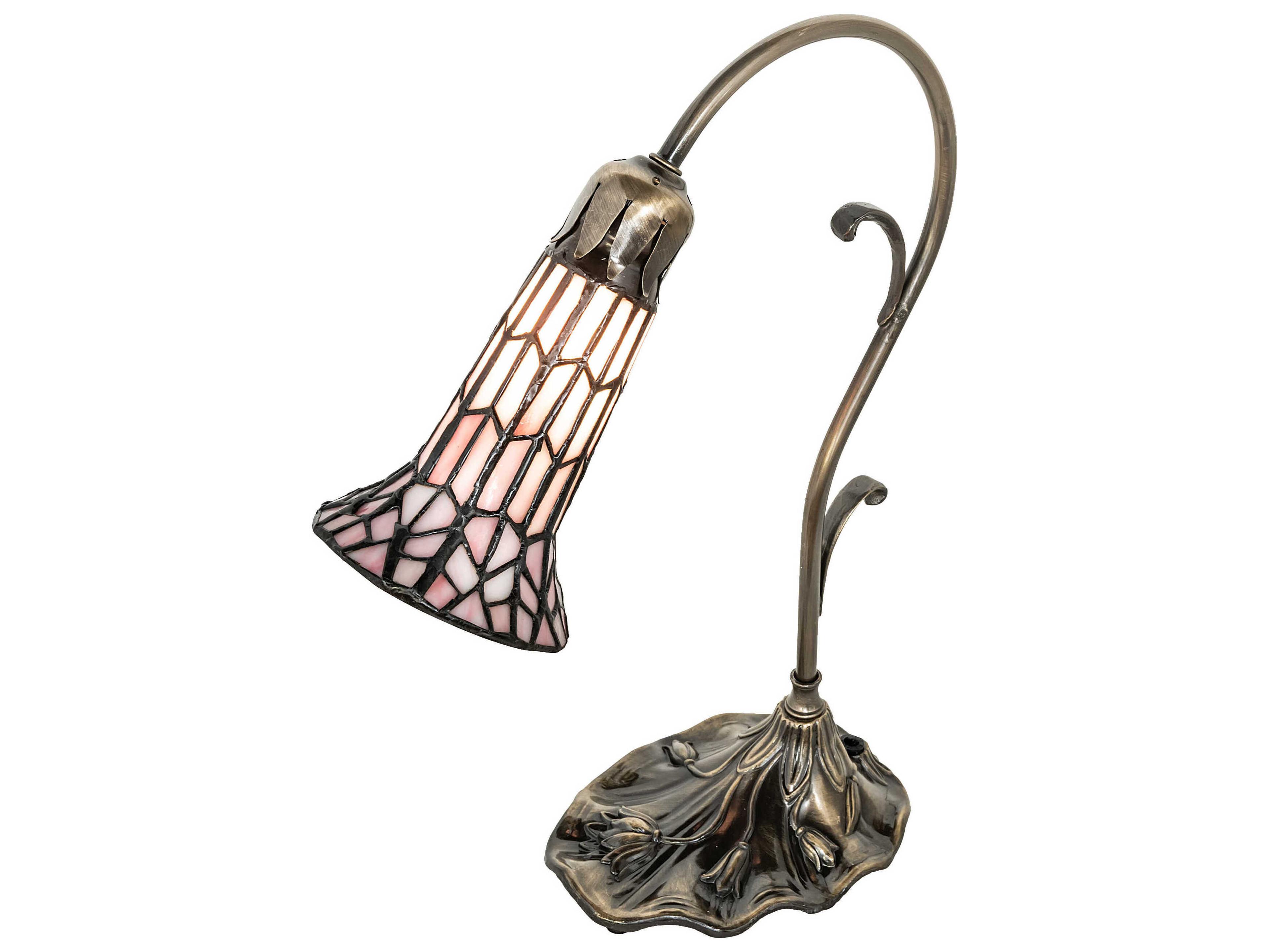 Pond Lily Antique Brass Tiffany Table Lamp with Amber Glass Pink Shade