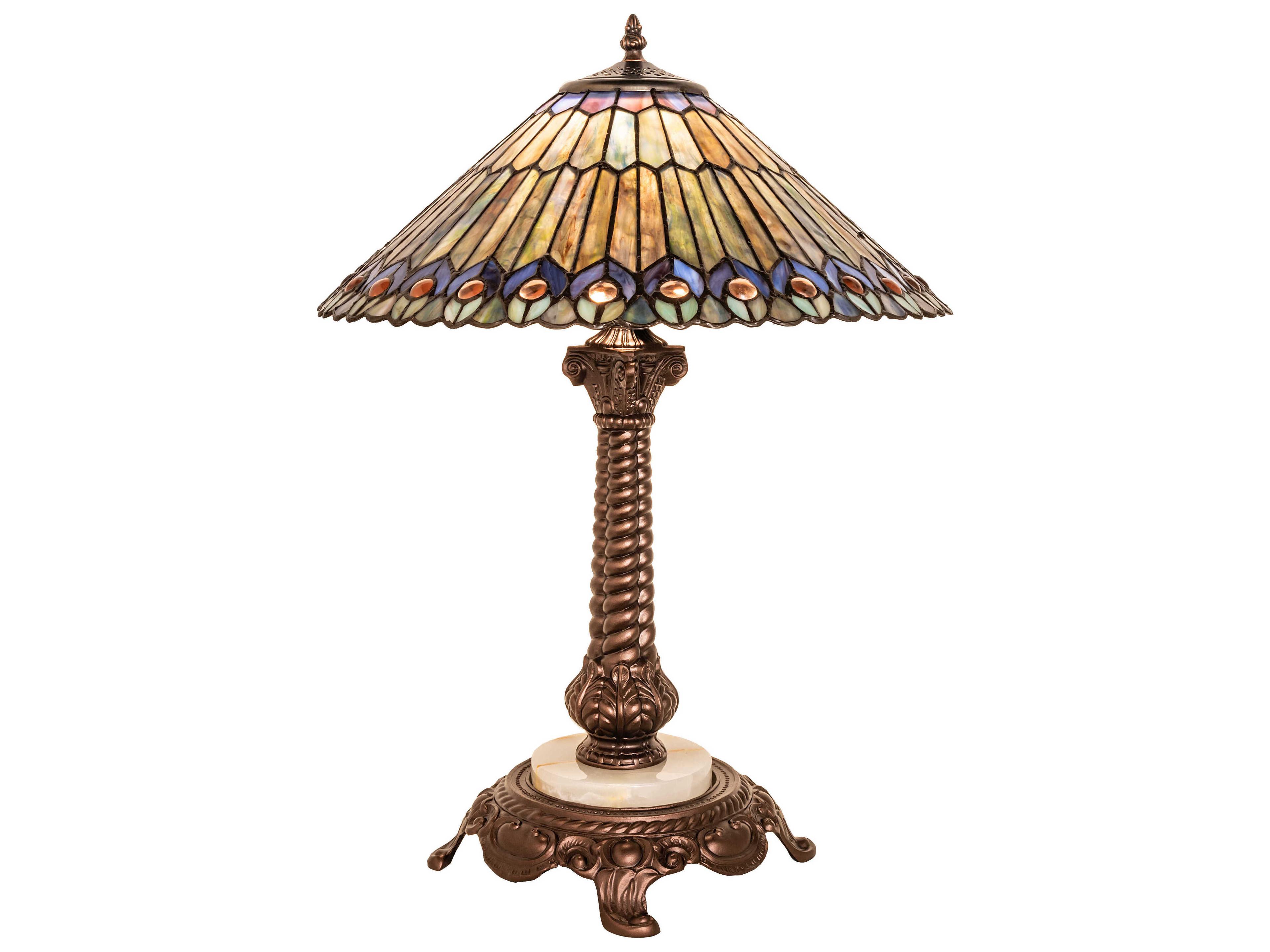 Tiffany Jeweled Peacock Brass Glass Table Lamp