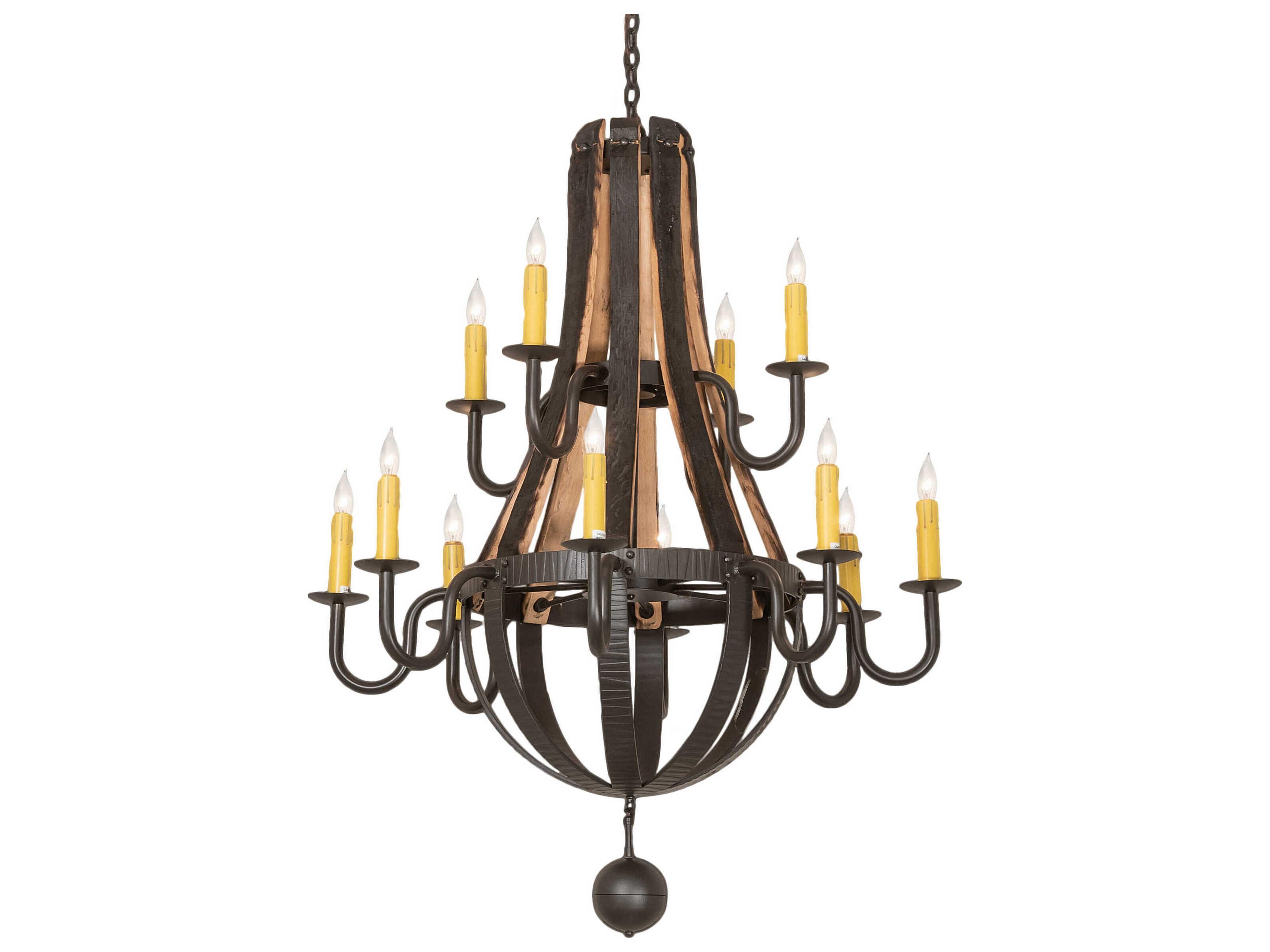 Barrel Stave 12-Light Wrought Iron Brown Candelabra Tiered Chandelier