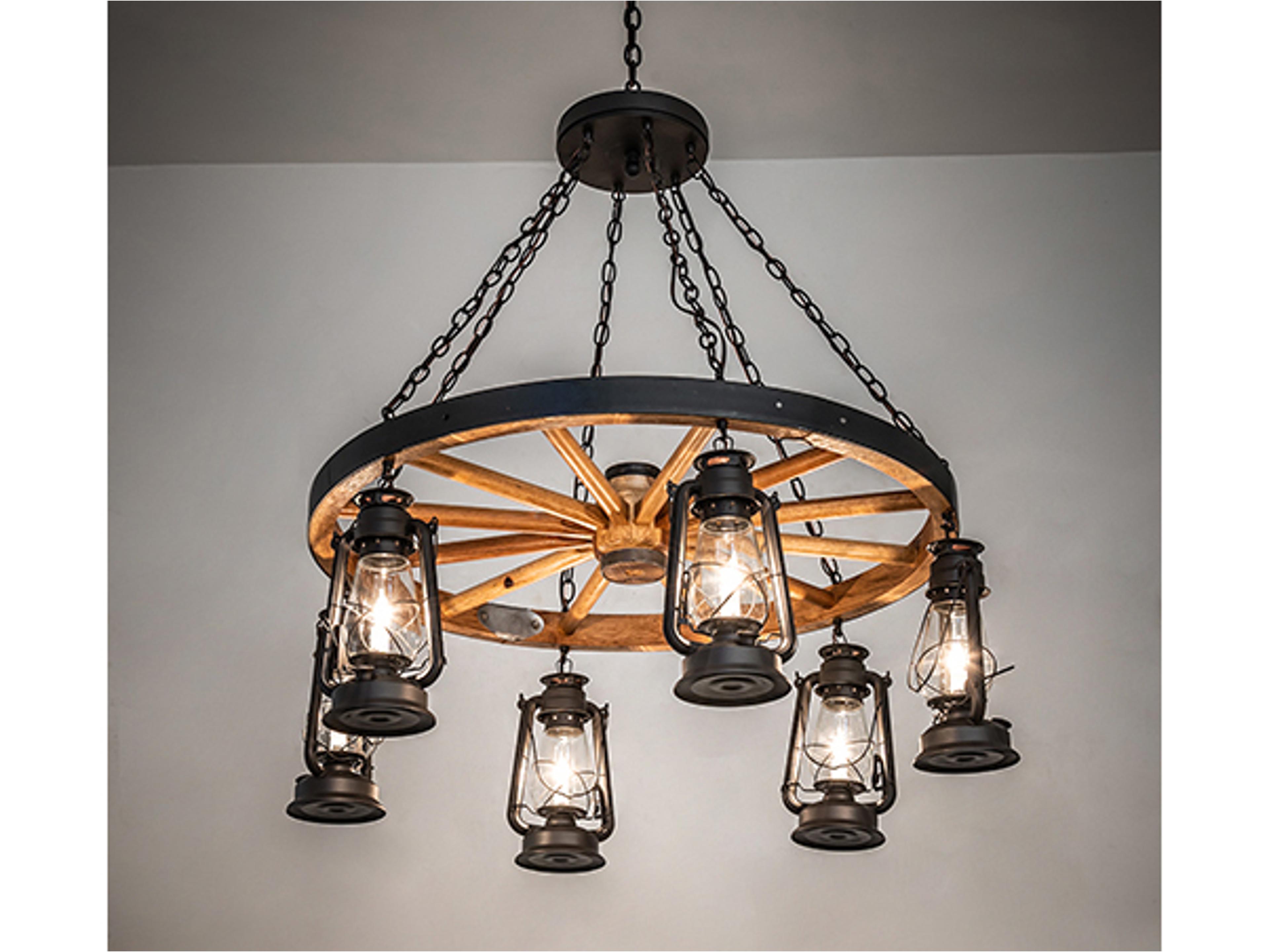 6-Light Natural Wood Wrought Iron Glass Lantern Chandelier