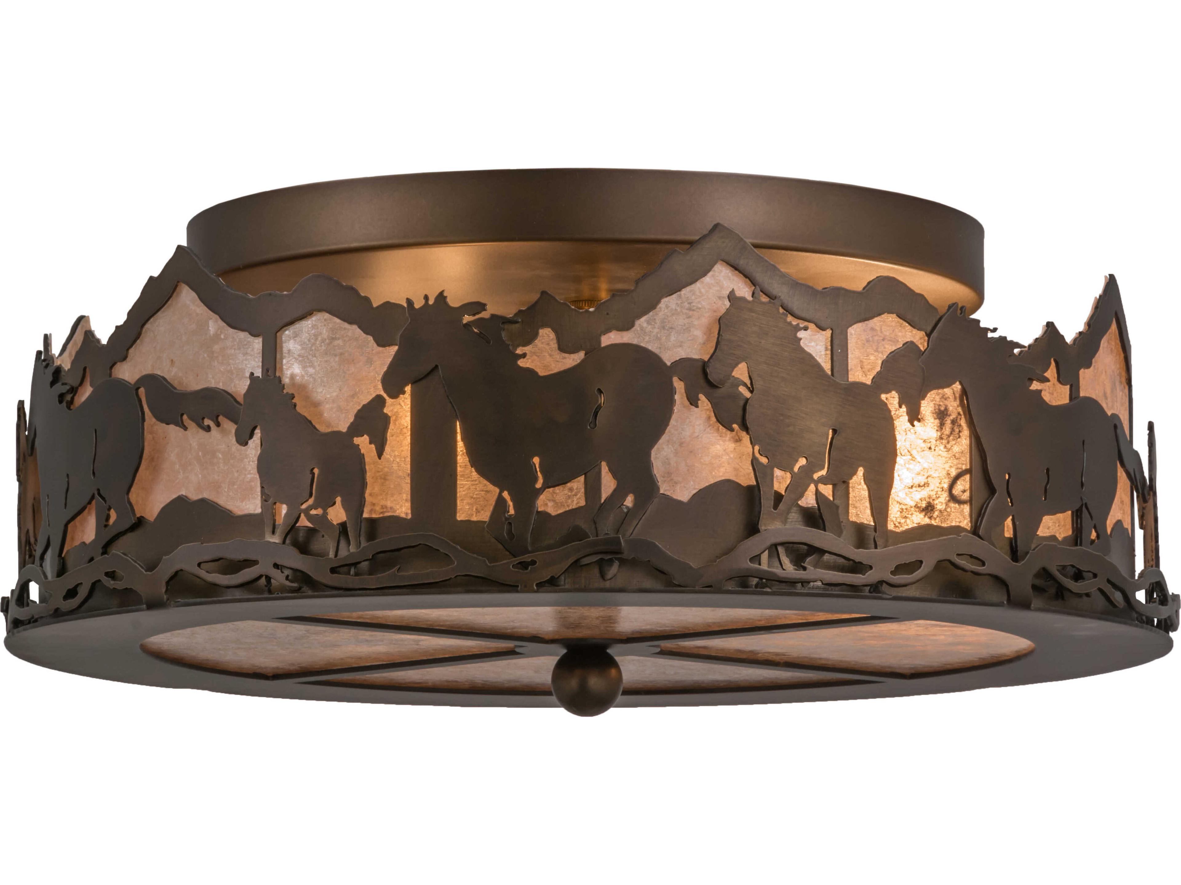 Running Horses 3-Light Antique Copper Glass LED Drum Flush Mount