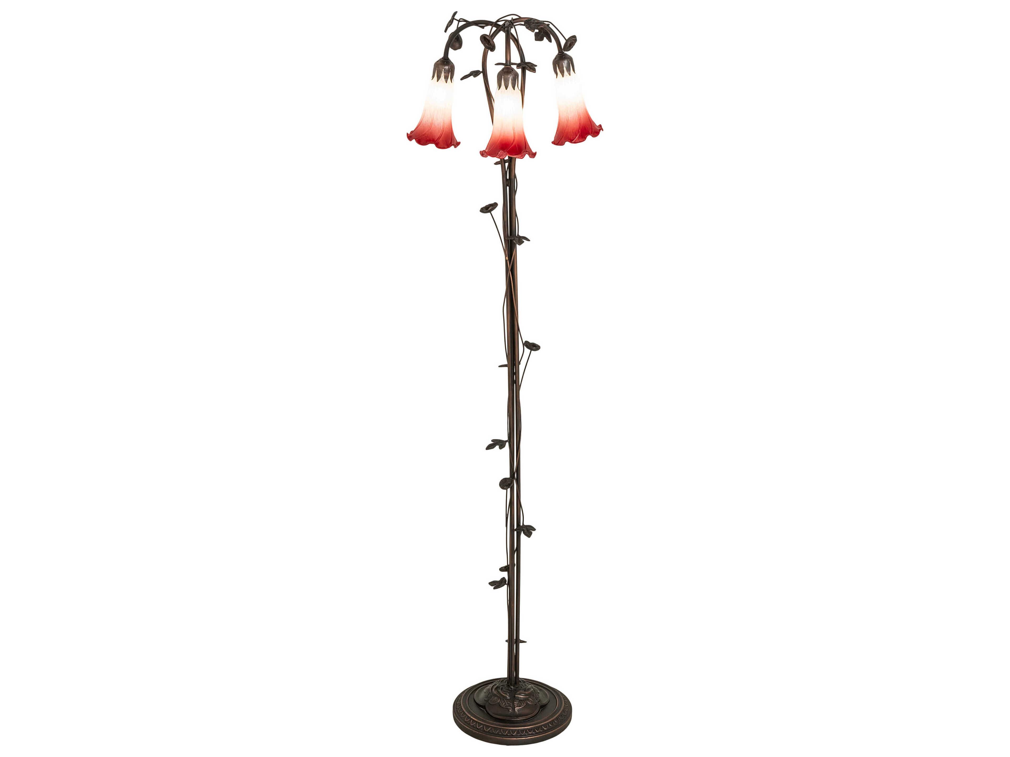 Pond Lily Mahogany Bronze Tiffany Floor Lamp with Red White Glass Shade