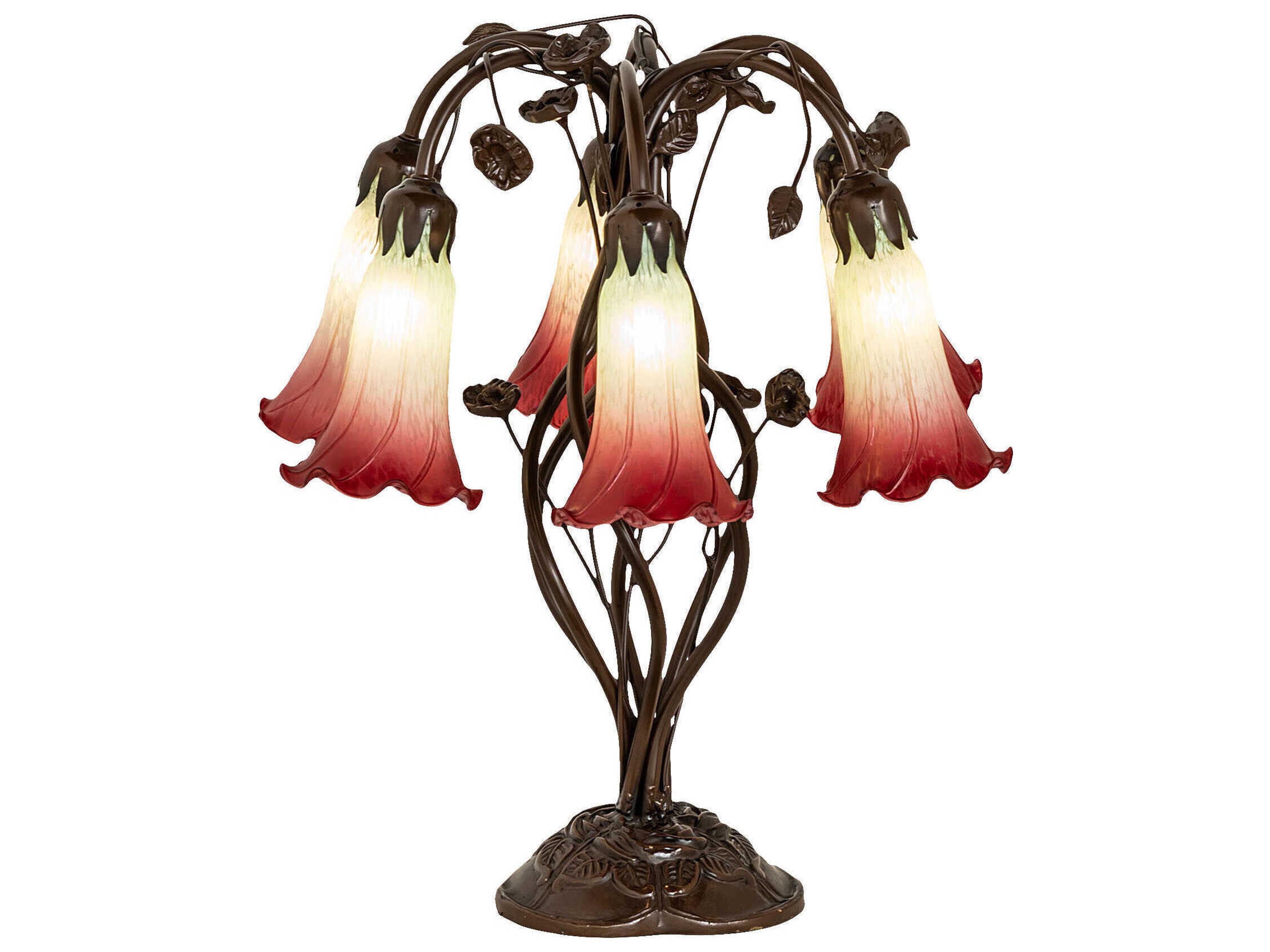 Pond Lily Mahogany Bronze Tiffany Table Lamp with Seafoam Cranberry Glass Shade