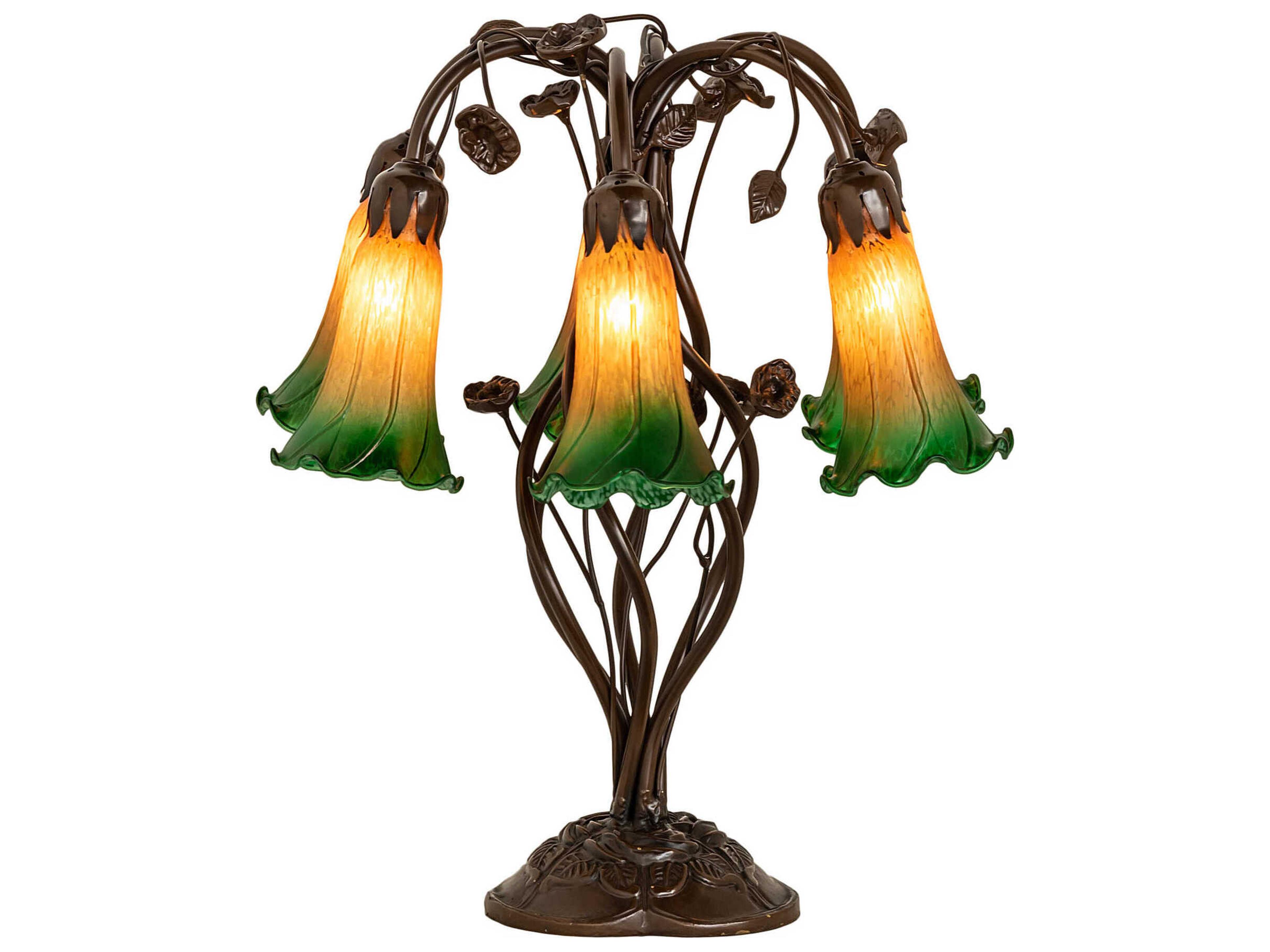 Pond Lily Mahogany Bronze Tiffany Table Lamp with Amber Green Glass Shade