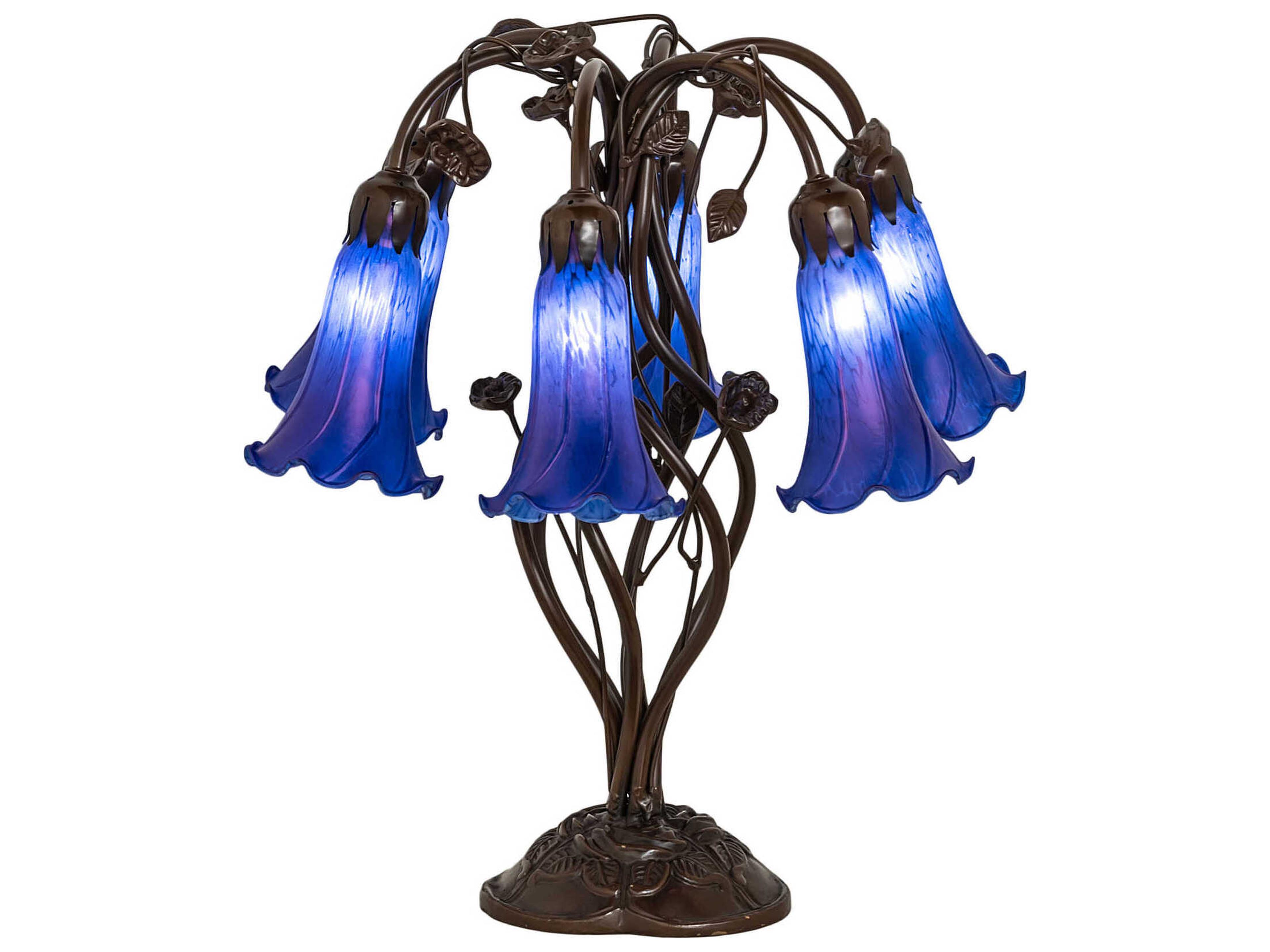 Pond Lily Mahogany Bronze Tiffany Table Lamp with Blue Glass Shade