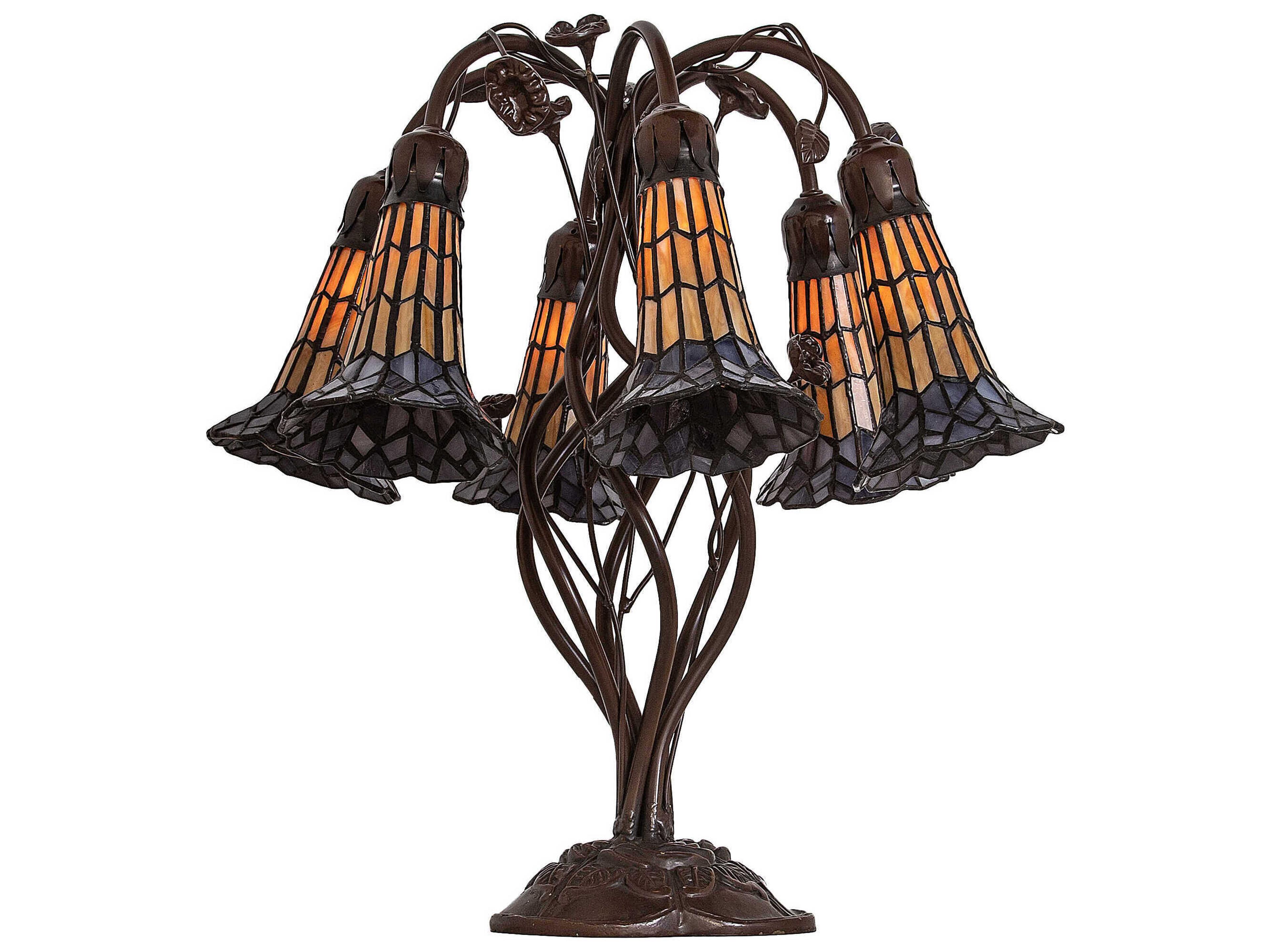 Stained Glass Pond Lily Antique Amber Violet Bronze Tiffany Table Lamp with 	Amber Shade
