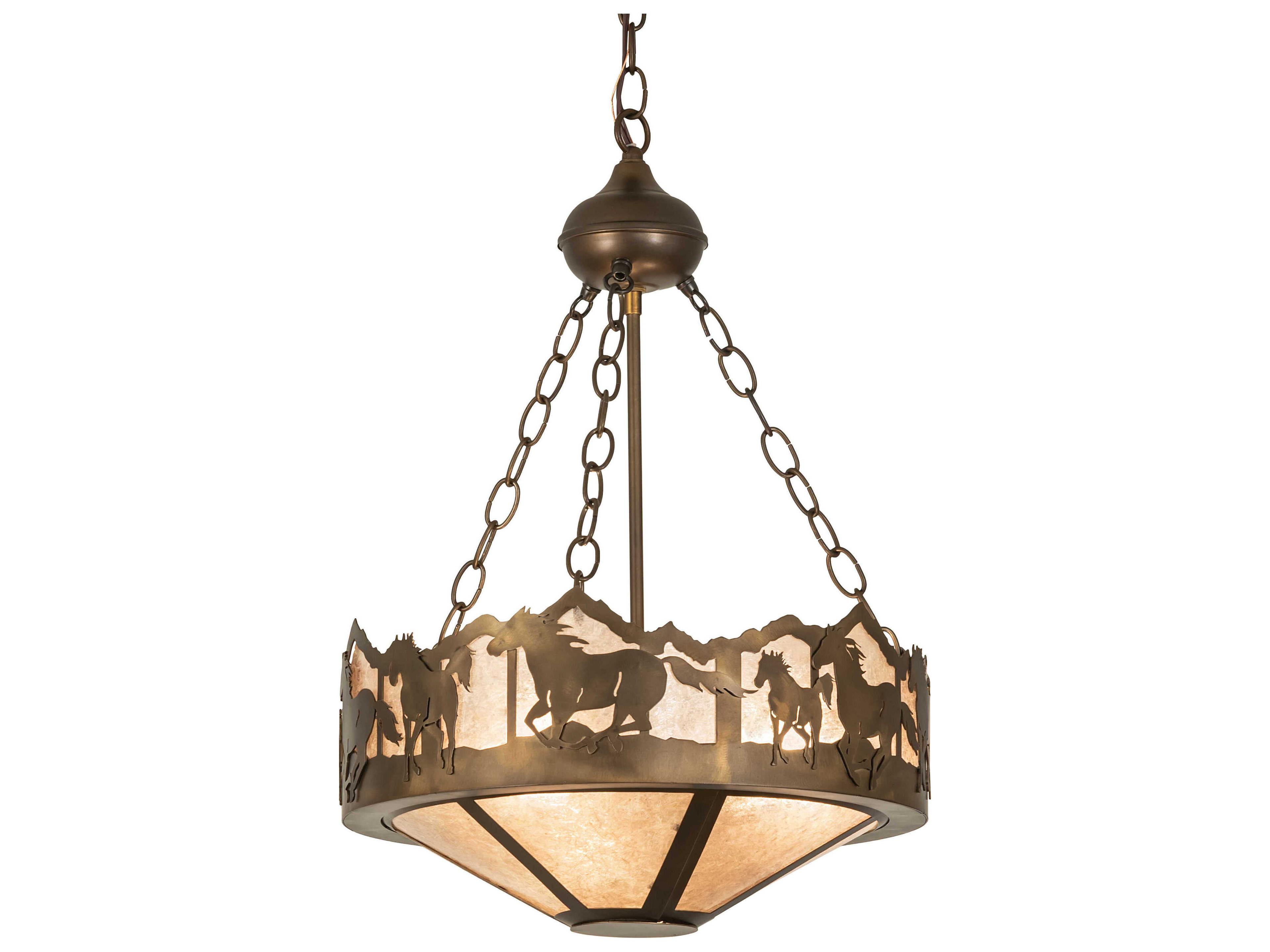 Running Horses 3-Light Antique Copper Glass Bowl Pendant