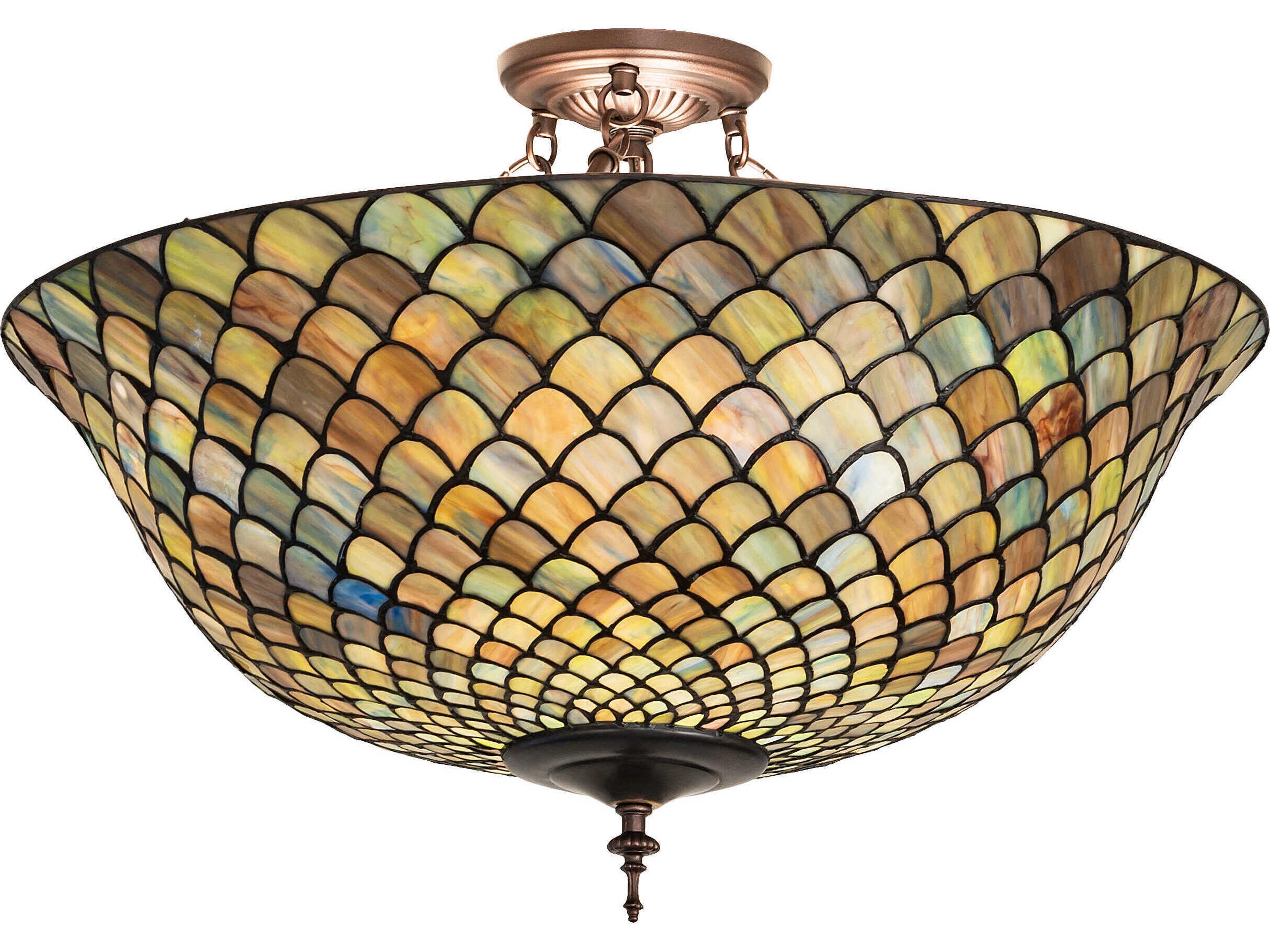 Tiffany Fishscale 3-Light Mahogany Bronze Glass Bowl Semi Flush Mount