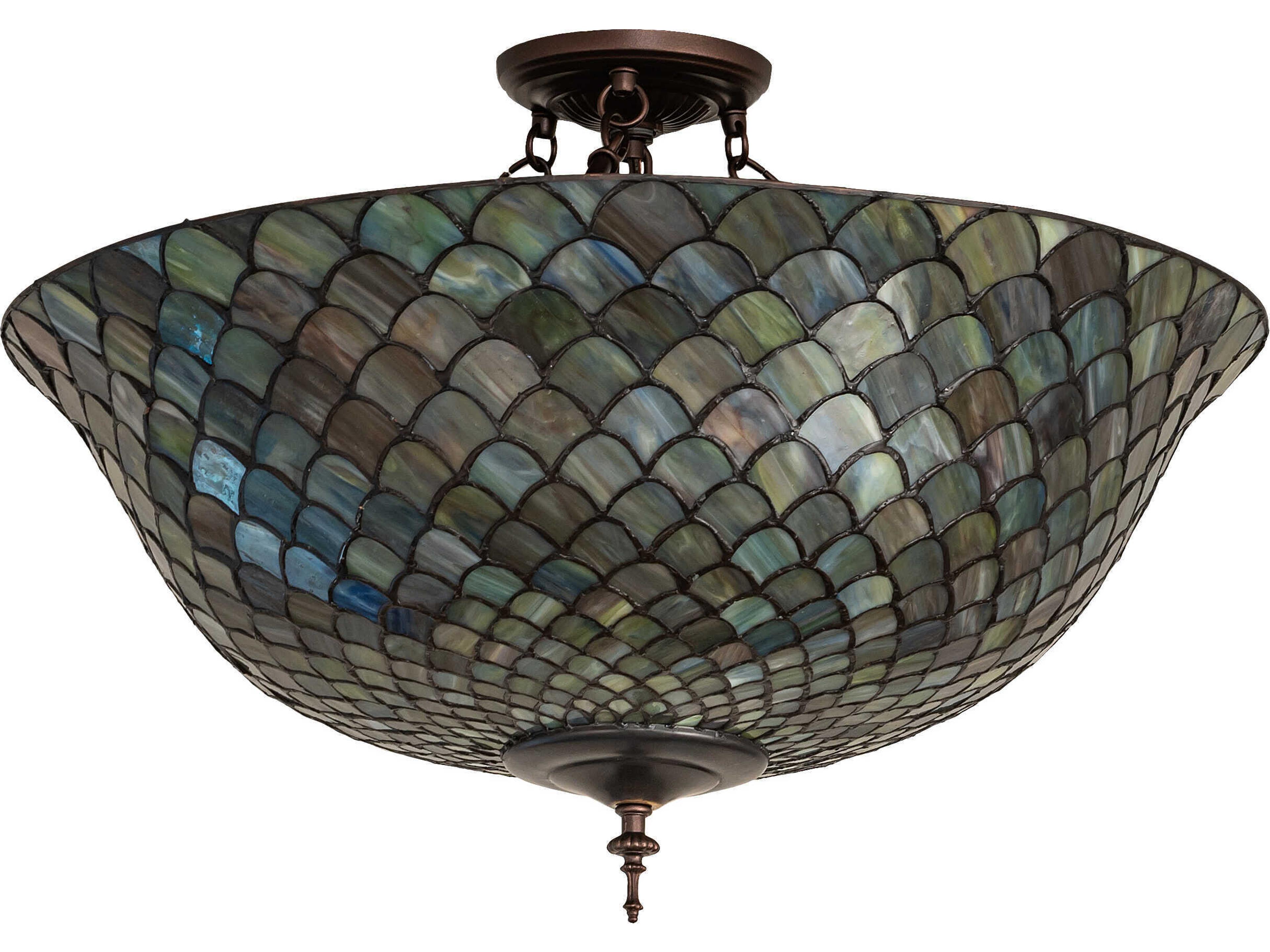 Meyda Tiffany Fishscale 3-Light Mahogany Bronze Glass Bowl Semi Flush Mount