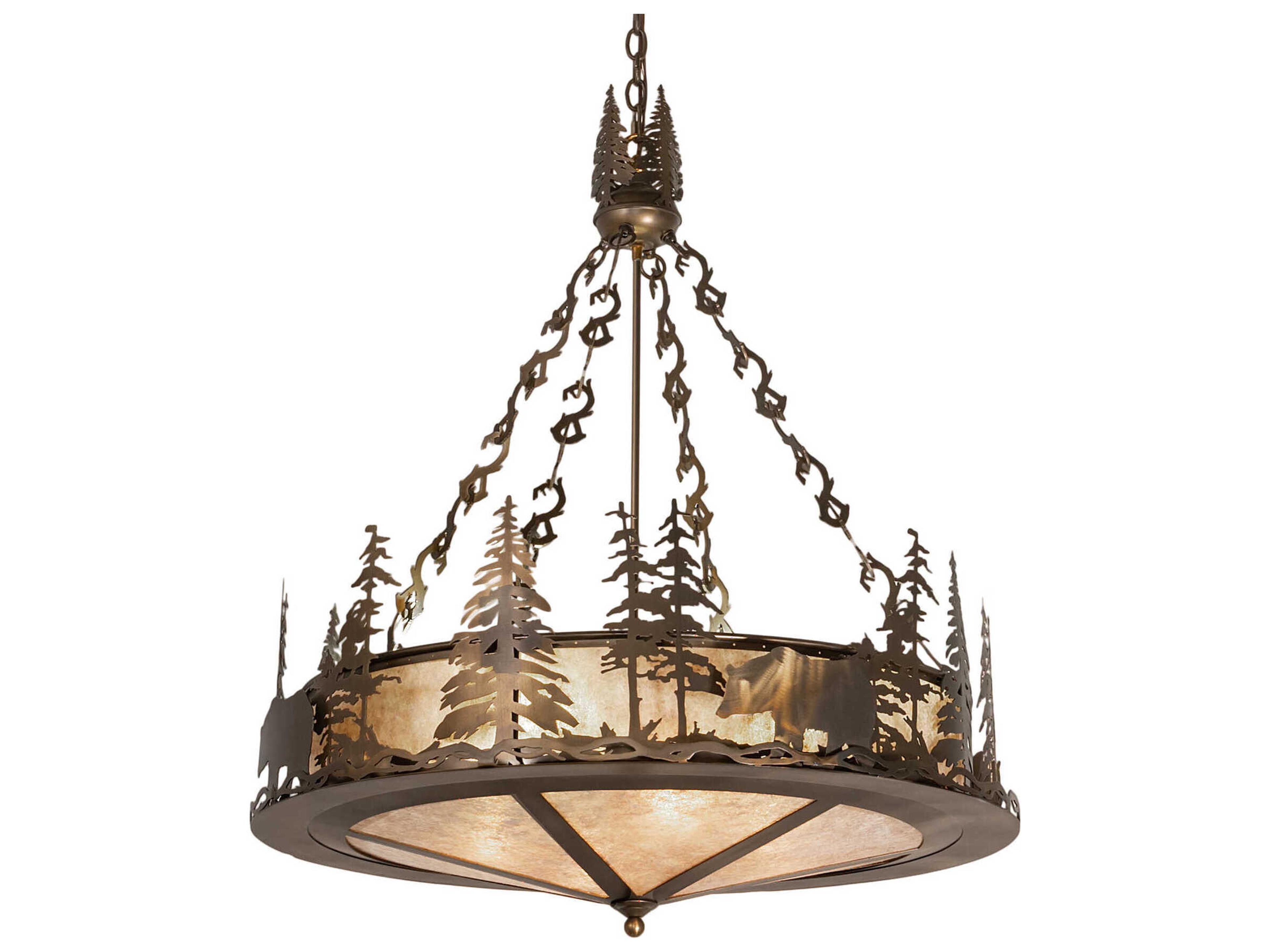 Bear At Lake 4 4-Light Antique Copper Glass Drum Pendant