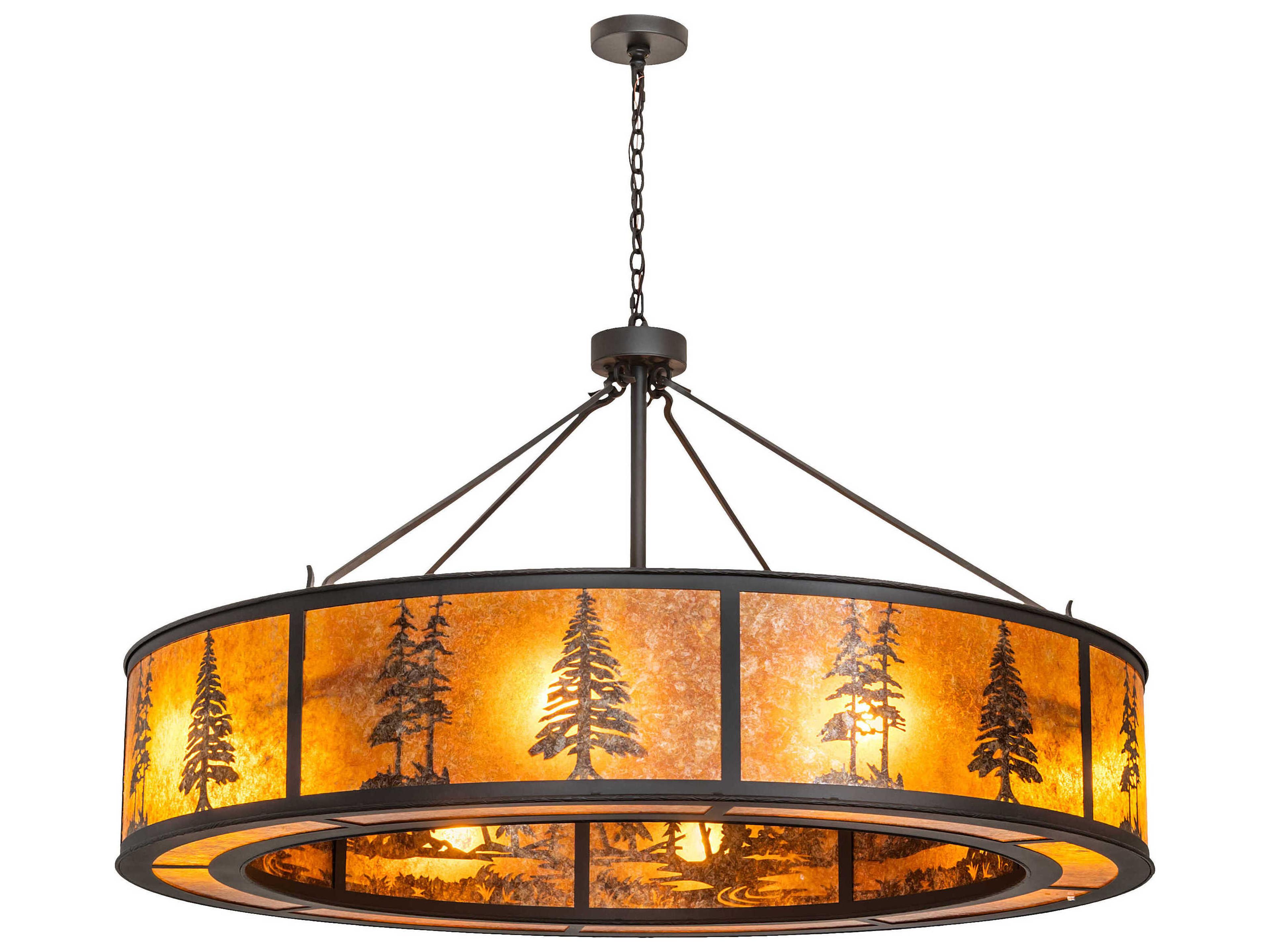 8-Light Wrought Iron Brown Glass Drum Pendant