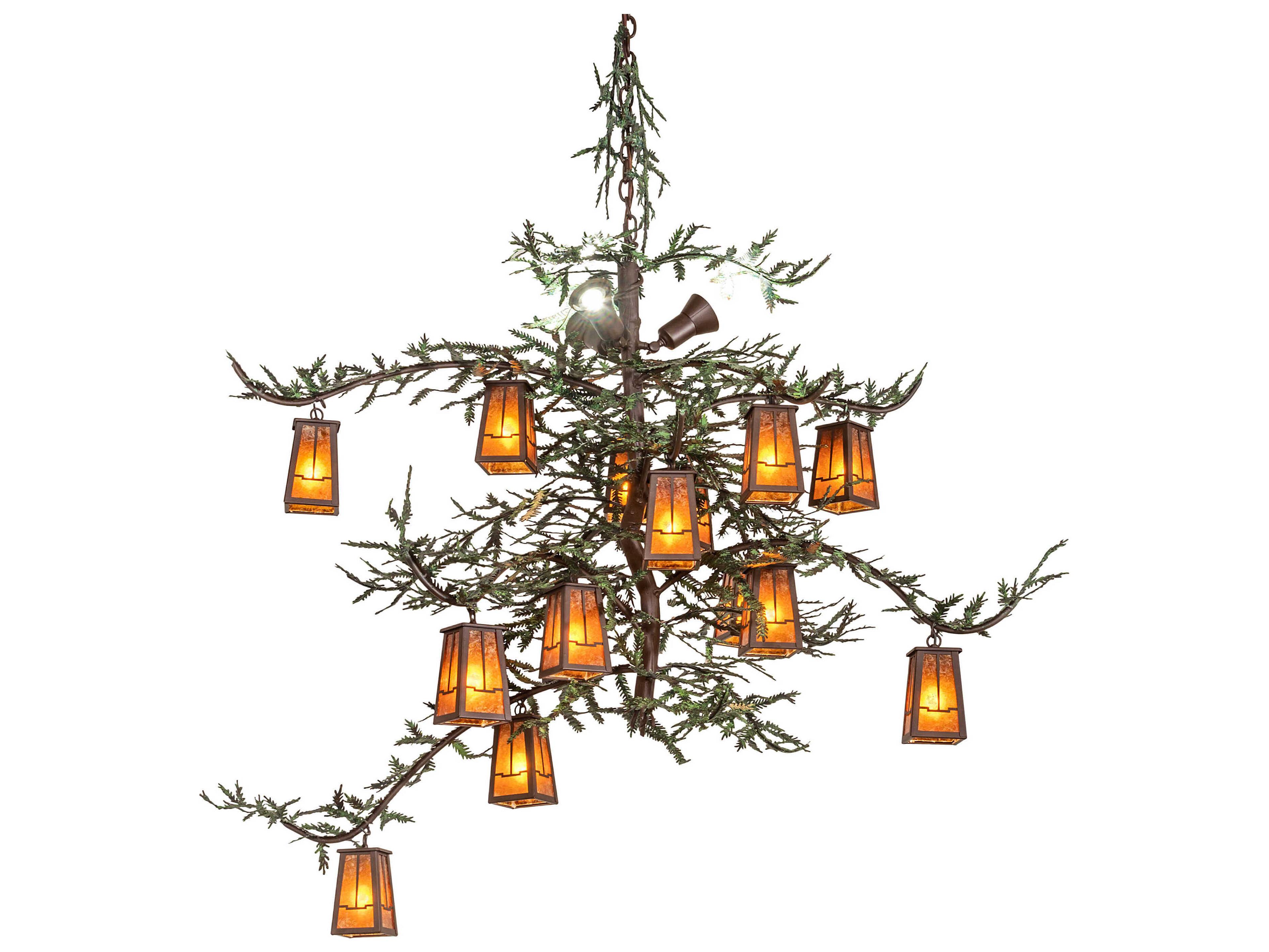 Pine Branch Valley View 15-Light Black Glass Lantern Chandelier